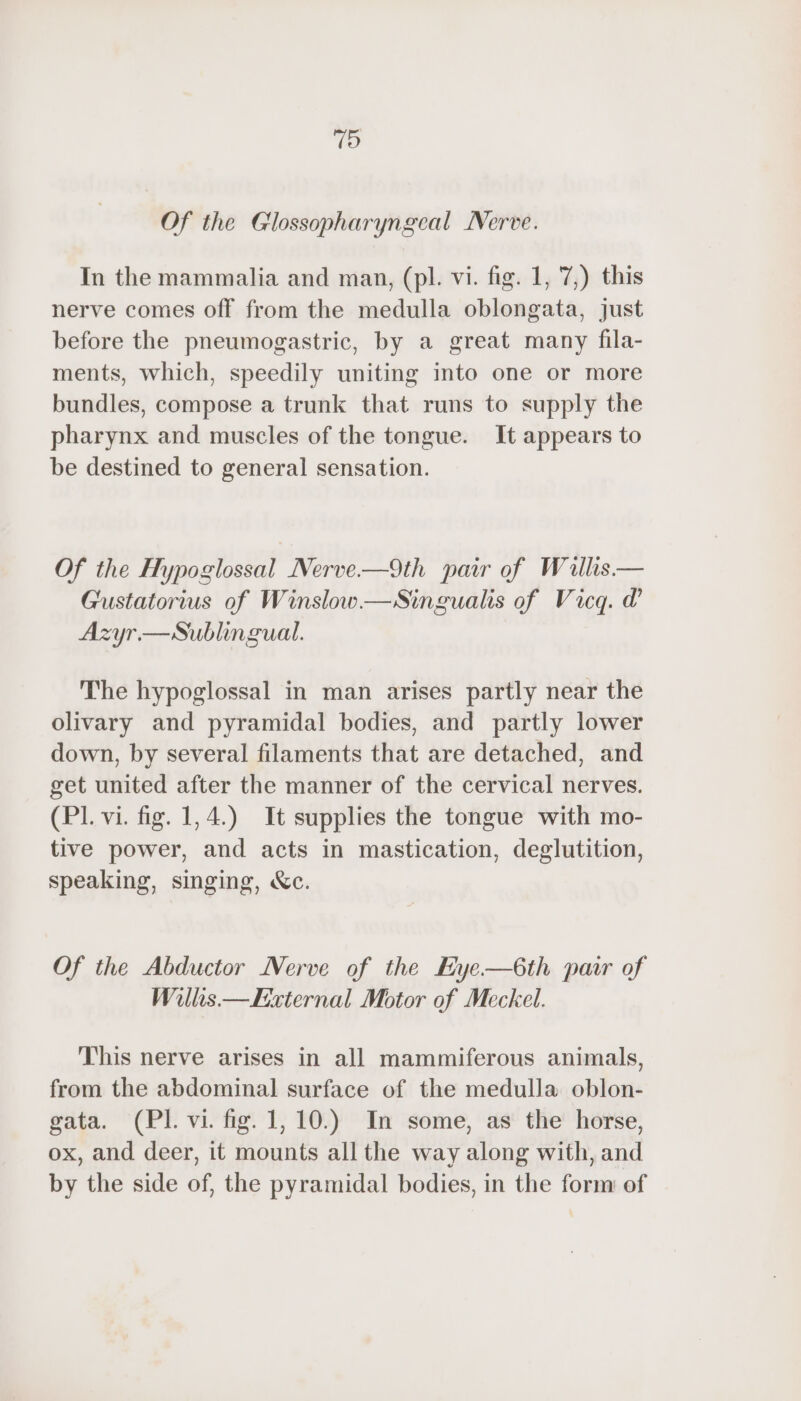79 Of the Glossopharyngeal Nerve. In the mammalia and man, (pl. vi. fig. 1, 7,) this nerve comes off from the medulla oblongata, just before the pneumogastric, by a great many fila- ments, which, speedily uniting into one or more bundles, compose a trunk that runs to supply the pharynx and muscles of the tongue. It appears to be destined to general sensation. Of the Hypoglossal Nerve.—9th pair of Willis — Gustatorius of Winslow.—Singualis of Vic. d Azyr.—Sublingual. The hypoglossal in man arises partly near the olivary and pyramidal bodies, and partly lower down, by several filaments that are detached, and get united after the manner of the cervical nerves. (PL. vi. fig. 1,4.) It supplies the tongue with mo- tive power, and acts in mastication, deglutition, speaking, singing, &amp;c. Of the Abductor Nerve of the Eye—6th pair of Willis —Kxternal Motor of Meckel. This nerve arises in all mammiferous animals, from the abdominal surface of the medulla oblon- gata. (PI. vi. fig. 1, 10.) In some, as the horse, ox, and deer, it mounts all the way along with, and by the side of, the pyramidal bodies, in the form of