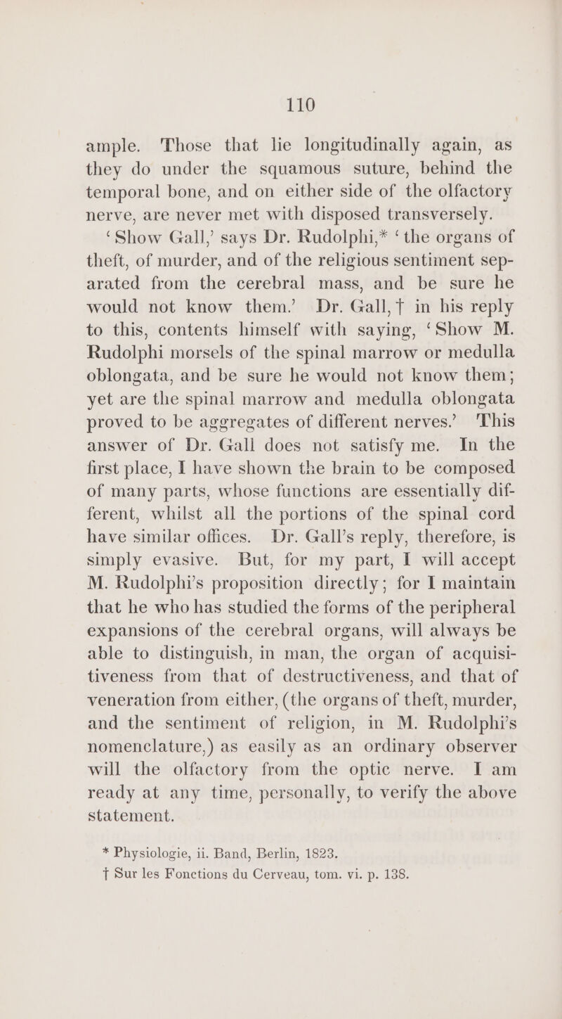 ample. Those that lie longitudinally again, as they do under the squamous suture, behind the temporal bone, and on either side of the olfactory nerve, are never met with disposed transversely. ‘Show Gall, says Dr. Rudolphi,* ‘the organs of theft, of murder, and of the religious sentiment sep- arated from the cerebral mass, and be sure he would not know them. Dr. Gall, f in his reply to this, contents himself with saying, ‘Show M. Rudolphi morsels of the spinal marrow or medulla oblongata, and be sure he would not know them; yet are the spinal marrow and medulla oblongata proved to be aggregates of different nerves.” This answer of Dr. Gall does not satisfy me. In the first place, I have shown the brain to be composed. of many parts, whose functions are essentially dif- ferent, whilst all the portions of the spinal cord have similar offices. Dr. Gall’s reply, therefore, is simply evasive. But, for my part, I will accept M. Rudolphi’s proposition directly; for I maintain that he who has studied the forms of the peripheral expansions of the cerebral organs, will always be able to distinguish, in man, the organ of acquisi- tiveness from that of destructiveness, and that of veneration from either, (the organs of theft, murder, and the sentiment of religion, in M. Rudolphi’s nomenclature,) as easily as an ordinary observer will the olfactory from the optic nerve. I am ready at any time, personally, to verify the above statement. * Physiologie, ii. Band, Berlin, 1823. T Sur les Fonctions du Cerveau, tom. vi. p. 138.