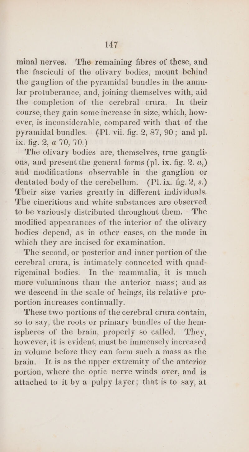 minal nerves. The remaining fibres of these, and the fasciculi of the olivary bodies, mount behind the ganglion of the pyramidal bundles in the annu- lar protuberance, and, joining themselves with, aid the completion of the cerebral crura. In their course, they gain some increase in size, which, how- ever, is inconsiderable, compared with that of the pyramidal bundles. (PI. vii. fig. 2, 87, 90; and pl. ix. fig. 2, a 70, 70.) The olivary bodies are, themselves, true gangli- ons, and present the general forms (pl. ix. fig. 2. a,) and modifications observable in the ganglion or dentated body of the cerebellum. (PI. ix. fig. 2, s.) Their size varies greatly in different individuals. The cineritious and white substances are observed to be variously distributed throughout them. The modified appearances of the interior of the olivary bodies depend, as in other cases, on the mode in which they are incised for examination. The second, or posterior and inner portion of the cerebral crura, is intimately connected with quad- rigeminal bodies. In the mammalia, it is much more voluminous than the anterior mass; and as we descend in the scale of beings, its relative pro- portion increases continually. | These two portions of the cerebral crura contain, so to say, the roots or primary bundles of the hem- ispheres of the brain, properly so called. They, however, it is evident, must be immensely increased in volume before they can form such a mass as the brain. It is as the upper extremity of the anterior portion, where the optic nerve winds over, and is attached to it by a pulpy layer; that is to say, at