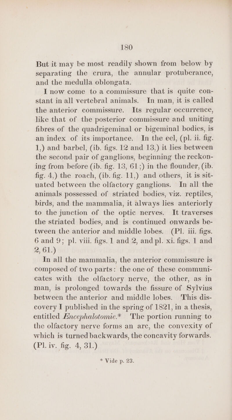 130 But it may be most readily shown from below by separating the crura, the annular protuberance, and the medulla oblongata, I now come to a commissure that is quite con- stant in all vertebral animals. In man, it is called the anterior commissure. Its regular occurrence, like that of the posterior commissure and uniting fibres of the quadrigeminal or bigeminal bodies, is an index of its importance, In the eel, (pl. il. fig. 1,) and barbel, (ib. figs. 12 and 13,) it lies between the second pair of ganglions, beginning the reckon- ing from before (ib. fig. 13, 61 ;) in the flounder, (ib. fig. 4,) the roach, (ib. fig. 11,) and others, it is sit- uated between the olfactory ganglions. In all the animals possessed of striated bodies, viz. reptiles, birds, and the mammalia, it always lies anteriorly to the junction of the optic nerves. It traverses the striated bodies, and is continued onwards be- tween the anterior and middle lobes. (PI. ill, figs. 6 and 9; pl. viii. figs. 1 and 2, and pl. xi. figs. 1 and 2, 61.) In all the mammalia, the anterior commissure is composed of two parts: the one of these communi- cates with the olfactory nerve, the other, as in man, is prolonged towards the fissure of Sylvius between the anterior and middle lobes. This dis- covery I published in the spring of 1821, in a thesis, entitled Æncephalotomie.* The portion running to the olfactory nerve forms an arc, the convexity of which is turned backwards, the concavity forwards. (PL iv. fig. 4, 30.) * Vide p. 23.