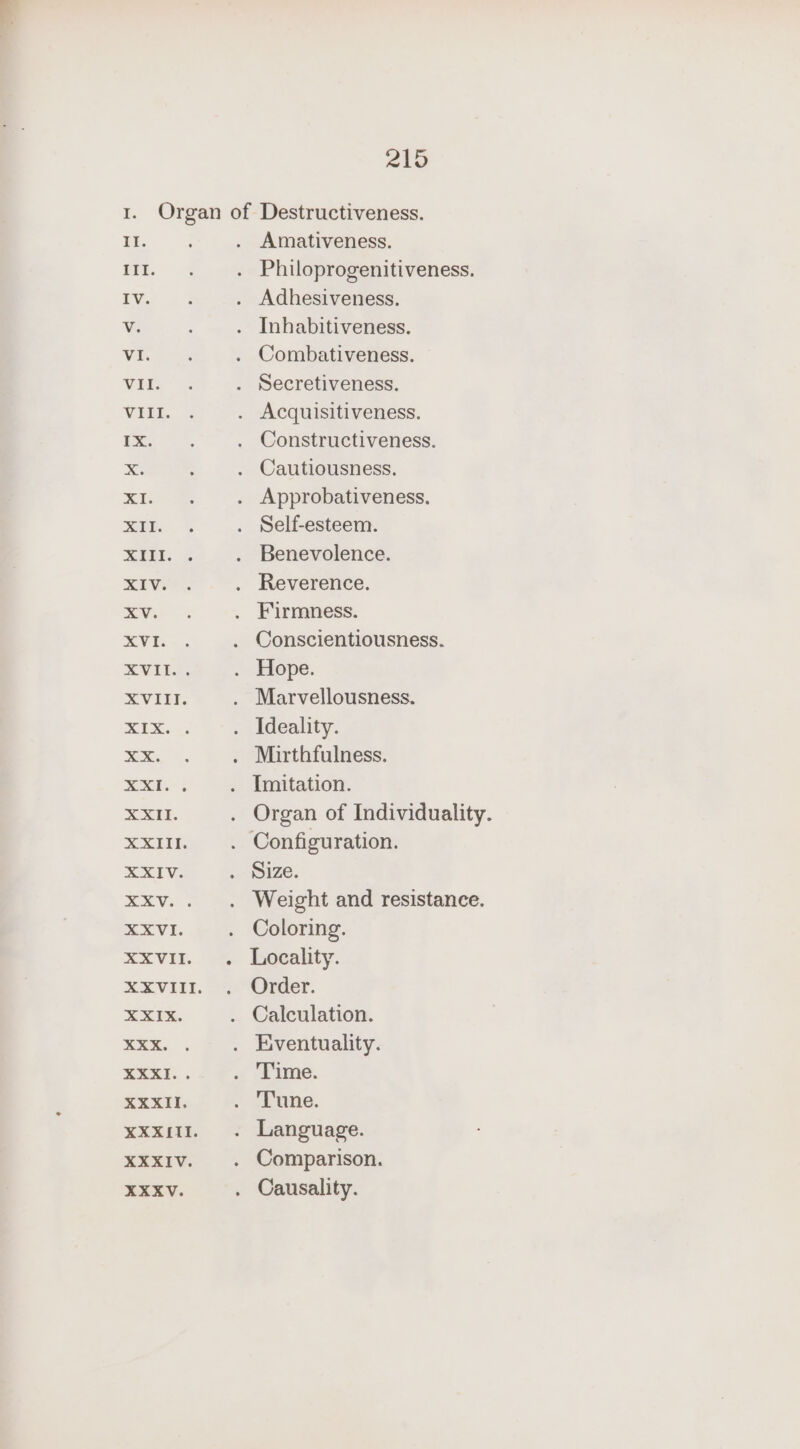 Te II. . III. XXIII. XXIV. ° XXV. . . XXVI. . XXVITI. ° ARM VEL. OF X XIX. XXX. XXXI.. XXXII. XXXIII. XXXIV. XXXV. 215 Amativeness. Philoprogenitiveness. Adhesiveness. Inhabitiveness. Combativeness. Secretiveness. Acquisitiveness. Constructiveness. Cautiousness. Approbativeness. Self-esteem. Benevolence. Reverence. Firmness. Conscientiousness. Hope. Marvellousness. Ideality. Mirthfulness. Imitation. Organ of Individuality. Configuration. Size. Weight and resistance. Coloring. Locality. Order. Calculation. Eventuality. Time. Tune. Language. Comparison. Causality.