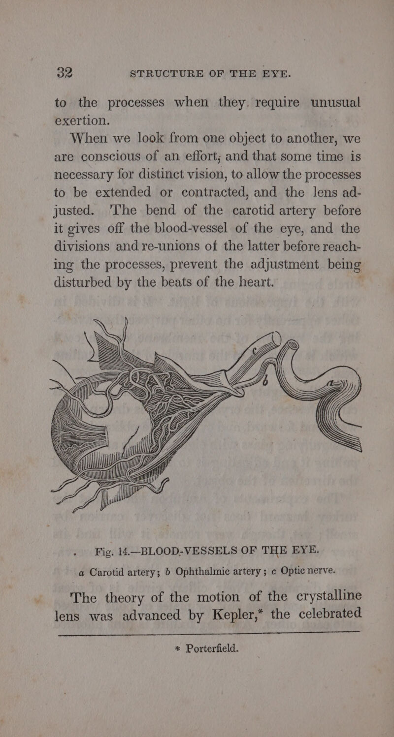 to the processes when they. require unusual exertion. : When we look from one object to another, we are conscious of an effort; and that some time is necessary for distinct vision, to allow the processes to be extended or contracted, and the lens ad- justed. The bend of the carotid artery before it gives off the blood-vessel of the eye, and the divisions and re-unions of the latter before reach- ing the processes, prevent the adjustment bemg disturbed by the beats of the heart. Fig. 14.—BLOOD-VESSELS OF THE EYE. a Carotid artery; 6 Ophthalmic artery; ¢ Optic nerve. The theory of the motion of the crystalline lens was advanced by Kepler,* the celebrated a ee ae ee * Porterfield.