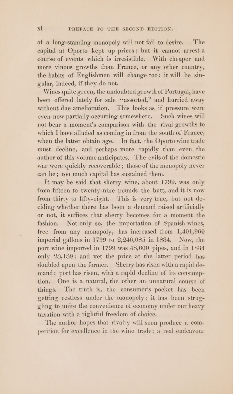 of a long-standing monopoly will not fail to desire. The capital at Oporto kept up prices; but it cannot arrest a course of events which is irresistible. With cheaper and more vinous growths from Irance, or any other country, the habits of Englishmen will change too; it will be sin- gular, indeed, if they do not. Wines quite green, the undoubted growth of Portugal, have been offered lately for sale ‘‘assorted,” and hurried away without due amelioration. ‘This looks as if pressure were even now partially occurring somewhere. Such wines will not bear a moment’s comparison with the rival growths to which I have alluded as coming in from the south of France, when the latter obtain age. In fact, the Oporto wine trade must decline, and perhaps more rapidly than even the author of this volume anticipates. The evils of the domestic war were quickly recoverable; those of the monopoly never can be; too much capital has sustained them. It may be said that sherry wine, about 1799, was only from fifteen to twenty-nine pounds the butt, and it is now from thirty to fifty-eight. This is very true, but not de- ciding whether there has been a demand raised artificially or not, it suffices that sherry becomes for a moment the fashion. Not only so, the importation of Spanish wines, free from any monopoly, has increased from 1,401,960 imperial gallons in 1799 to 2,246,085 in 1834. Now, the port wine imported in 1799 was 48,600 pipes, and in 1834 only 23,138; and yet the price at the latter period has doubled upon the former. Sherry has risen with a rapid de- mand; port has risen, with a rapid decline of its consump- tion. One is a natural, the other an unnatural course of things. ‘The truth is, the consumer’s pocket has been getting restless under the monopoly; it has been strug- gling to unite the convenience of economy under our heavy taxation with a rightful freedom of choice. The author hopes that rivalry will soon produce a com- petition for excellence in the wine trade; a real endeavour