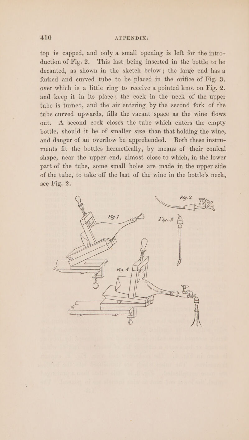 top is capped, and only a small opening is left for the intro- duction of Fig. 2. This last being inserted in the bottle to be decanted, as shown in the sketch below; the large end has a forked and curved tube to be placed in the orifice of Fig. 3. over which is a little ring to receive a pointed knot on Fig. 2. and keep it in its place; the cock in the neck of the upper tube is turned, and the air entering by the second fork of the tube curved upwards, fills the vacant space as the wine flows out. A second cock closes the tube which enters the empty bottle, should it be of smaller size than that holding the wine, and danger of an overflow be apprehended. Both these instru- ments fit the bottles hermetically, by means of their conical shape, near the upper end, almost close to which, in the lower part of the tube, some small holes are made in the upper side of the tube, to take off the last of the wine in the bottle’s neck, see Fig, 2.