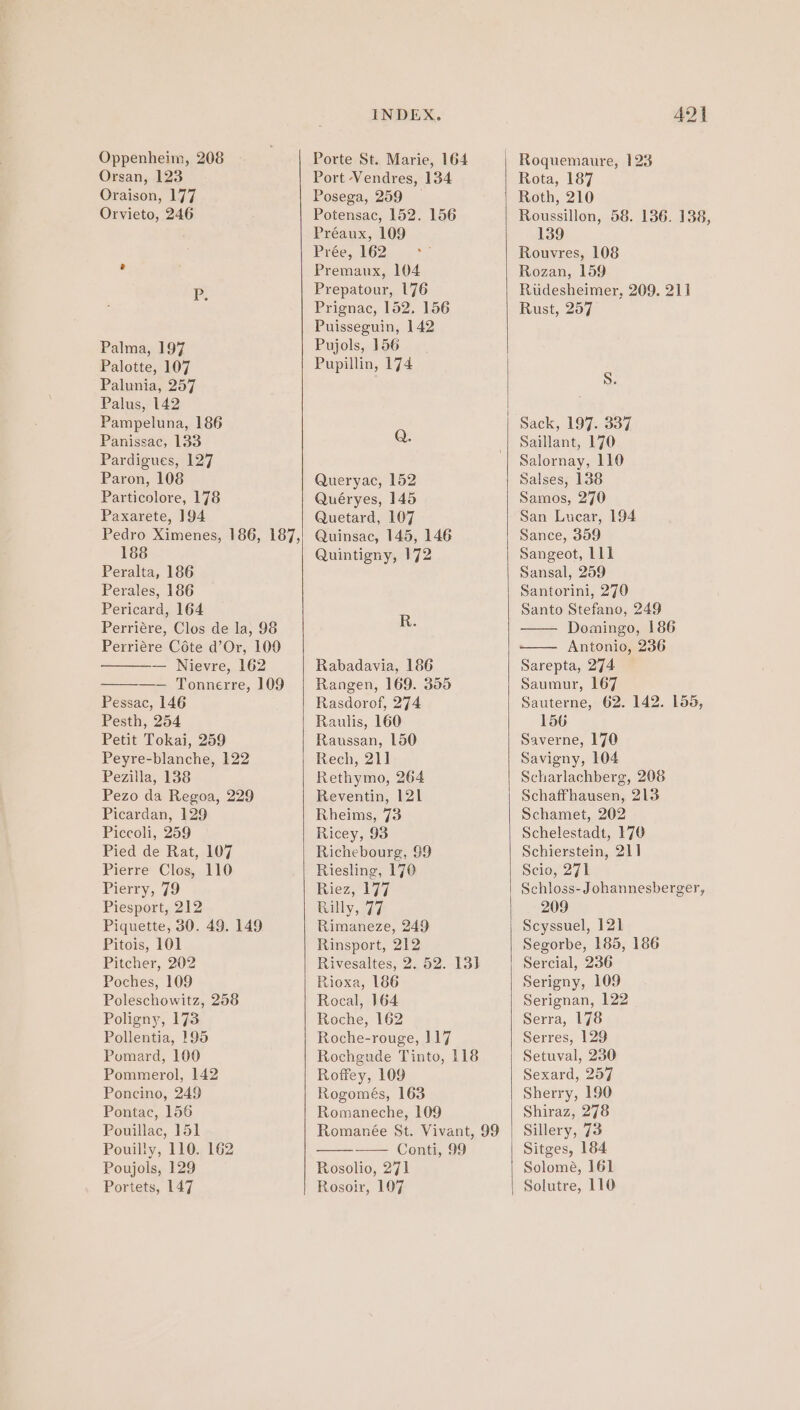Oppenheim, 208 Orsan, 123 Oraison, 177 Orvieto, 246 Palma, 197 Palotte, 107 Palunia, 257 Palus, 142 Pampeluna, 186 Panissac, 133 Pardigues, 127 Paron, 108 Particolore, 178 Paxarete, 194 Pedro Ximenes, 186, 187, 188 Peralta, 186 Perales, 186 Pericard, 164 Perriére, Clos de la, 98 Perriére Céte d’Or, 100 — Nievre, 162 —— Tonnerre, 109 Pessac, 146 Pesth, 254 Petit Tokai, 259 Peyre-blanche, 122 Pezilla, 138 Pezo da Regoa, 229 Picardan, 129 Piccoli, 259 Pied de Rat, 107 Pierre Clos, 110 Pierry, 79 Piesport, 212 Piquette, 30. 49. 149 Pitois, 101 Pitcher, 202 Poches, 109 Poleschowitz, 258 Poligny, 173 Pollentia, 195 Pomard, 100 Pommerol, 142 Poncino, 249 Pontac, 156 Pouillac, 151 Pouilly, 110. 162 Poujols, 129 Portets, 147 INDEX. Porte St. Marie, 164 Port Vendres, 134 Posega, 259 — Potensac, 152. 156 Préaux, 109 Prée, 162 Premaux, 104 Prepatour, 176 Prignac, 152. 156 Puisseguin, 142 Pujols, 156 Pupillin, 174 Q. Queryac, 152 Quéryes, 145 Quetard, 107 Quinsac, 145, 146 Quintigny, 172 R. Rabadavia, 186 Rangen, 169. 355 Rasdorof, 274 Raulis, 160 Raussan, 150 Rech, 21] Rethymo, 264 Reventin, 121 Rheims, 73 Ricey, 93 Richebourg, 99 Riesling, 170 Riez, 177 Rimaneze, 249 Rinsport, 212 Rivesaltes, 2. 52. 13] Rioxa, 186 Rocal, 164 Roche, 162 Roche-rouge, 117 Rochgude Tinto, 118 Roffey, 109 Rogomés, 163 Romaneche, 109 Romanée St. Vivant, 99 Conti, 99 Rosolio, 271 Rosoir, 107 Roquemaure, 123 Rota, 187 Roth, 210 Roussillon, 58. 136. 138, 139 Rouvres, 108 Rozan, 159 Rudesheimer, 209. 211 Rust, 257 Sack, 197. 337 Saillant, 170 Salornay, 110 Salses, 138 Samos, 270 San Lucar, 194 Sance, 399 Sangeot, Ll] Sansal, 259 Santorini, 270 Santo Stefano, 249 Domingo, 186 Antonio, 236 Sarepta, 274 Saumur, 167 Sauterne, 62. 142. 155, 156 Saverne, 170 Savigny, 104 Scharlachberg, 208 Schaffhausen, 213 Schamet, 202 Schelestadt, 170 Schierstein, 21] Scio, 271 Schloss-Johannesberger, 209 Scyssuel, 121 Segorbe, 185, 186 Sercial, 236 Serigny, 109 Serignan, 122 Serra, 178 Serres, 129 Setuval, 250 Sexard, 257 Sherry, 190 Shiraz, 278 Sillery, 73 Sitges, 184 Solomé, 161 Solutre, 110