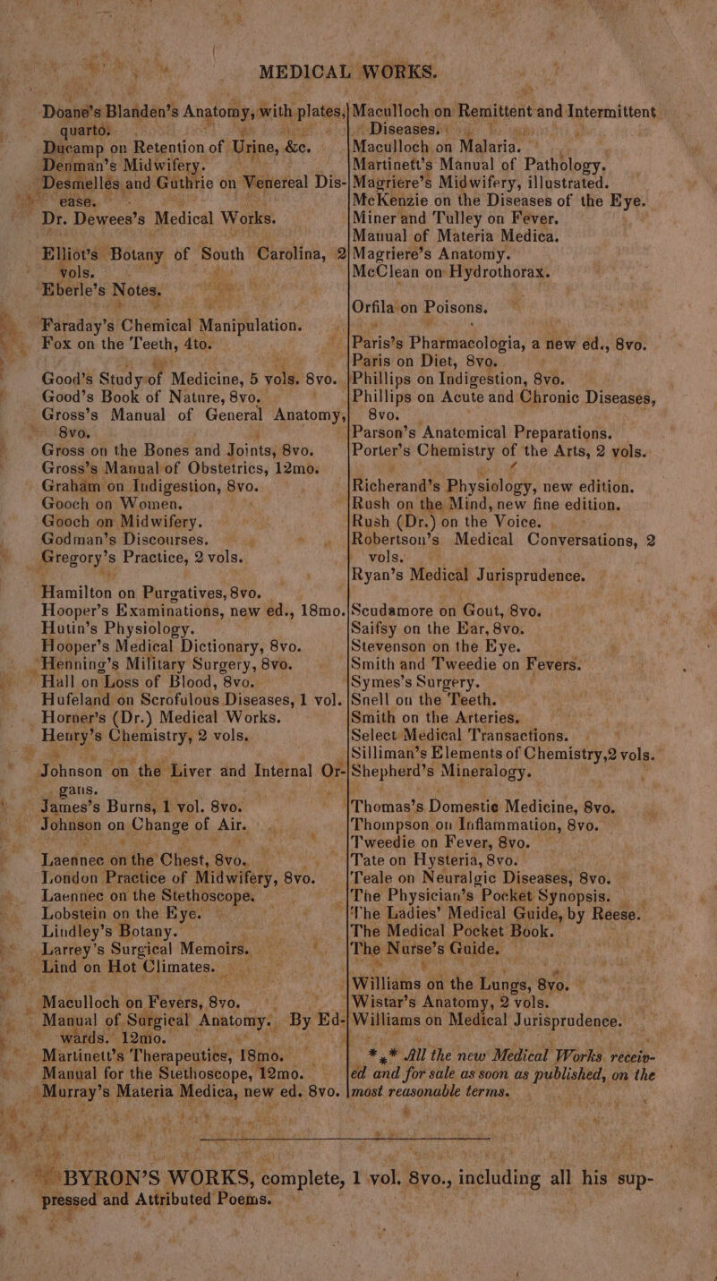 quarto. Denman’s Midwifery. ie ie ease. Dr. Dewees? s Medical Works. | | Macutloch on Renitient and Intermittent Diseases. Te Gepseche g Maculloch. on Malatia’ e Martinett’s Manual of Pathology. Magriere’s Midwifery, illustrated. McKenzie on the Diseases of the ig Miner and Tulley on Fever. Manual of Materia Medica. Pols. i ‘ ‘Eberle’ s Diptea P is ( Faraday’ s ‘Chemical Manipulation. Fox on the dahil 4to. . Good’s r Good’s Book of Natnre, 8vo, ; a BVO, j Gross on the Bones and Ssintsi 8vo. - Graham on Indigestion, Bro. Gooch on Women. Gooch on Midwifery. Godman’s Discourses. _ Gregory’ s Practice, 2 vols. milton on Purgatives, 8vo. . Hutin’s Physiology. Hooper’s Medical Dictionary, 8vo. _ ~Henning’s Military Surgery, 8vo. ve ~ Hall on Loss of Blood, 8vo. McClean on Hydrothorax. Povist s Phatuiasoldiia, a new ed., 8vo. Phillips on Acute and Chronic Diseases, 8vo. Parson’s Anatomical Preparations. Porter’s Chemistry of the Arts, 2 vols. ‘os Pak aK Richerand’s Physiology, new edition. Rush on the Mind, new fine edition. Rush (Dr. ) on the Voice. Robertson’s Medical Conversations, 2 vols. | Scudamore on Gout, 8vo. Saifsy on the Ear, 8vo. Stevenson on the Eye. Smith and Tweedie on Fevers. |Symes’s Surgery. _ Horner’s (Dr.) Medical Works. Hews, 's Shem istryy 2 2 vols. gatis. ' James’ s Burne 1 vol. 8vo. ~ Johnson on Change of Ait, 4 . % Tinvednae on the Chest, Sy, Laennec on the Stethoscope. Lobstein on the Eye. Lindley’s Botany. Lind on Hot Climates. Bay Siitabollosh on. Fevers, 8v0. wards. 12mo. Martinett’s Therapeutics, 181 Oe Manual for the Stethoscope, | Burd. ‘s,t% ee ae ., Peageet and Attributed Poeie: mt Smith on the Arteries. Select Medical Transactions. Shepherd’s Mineralogy. Thompson on Inflammation, 8vo. Tweedie on Fever, 8vo. Tate on Hysteria, 8vo. : Teale on Neuralgic Diseases, 8vo. — The Ladies’ Medical Guide, by Reese. : The Medical Pocket Book. TI e alld s Guide. * * All the new Medical Works. réceiv- ed and for sale as soon as published, on the most abate terms. * 5