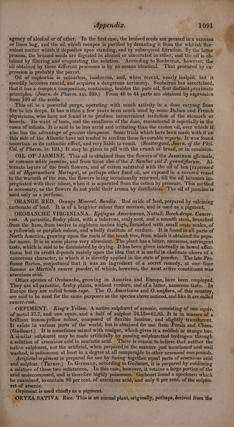 agency of alcokol or of ether. In the first case, the bruised seeds are pressed in a canvass or linen bag, and the oil which escapes is purified by decanting it from the whitish floc- process, the bruised seeds are digested in alcohol or macerated in ether, and the oil is ob- tained by filtering and evaporating the solution. According to Soubeiran, however, the oil obtained by these different processes is by no means identical. ‘That procured by ex- pression is probably the purest. ’ Oil of euphorbia is colourless, inodorous, and, when recent, nearly insipid; but: it speedily becomes rancid, and acquires a dangerous acrimony. Soubeiran has ascertained, that it has a complex comppsition, containing, besides the pure oil, four distinct proximate principles. (Journ. de Pharm. xxi. 259.) From 40 to 44 parts are obtained by expression from 100 of the seeds. | This oil is a powerful purge, operating with much activity in a dose varying: from five to ten drops. It has within a few years been much used by some Italian and French physicians, who have not found it to produce inconvenient irritation of the stomach or bowels. {ts want of taste, and the smallness of the dose, recommend it especially in the also has the advantage of greater cheapness. Some trials which have been made with it on this side of the Atlantic have not tended to confirm these favourable reports. It was found uncertain in its cathartic effect, and very liable to vomit. (Scattergood, Journ. of the Phil. Col. of Pharm. iv. 124.) It may be given in pill with the crumb of bread, or in emulsion. OIL OF JASMINE. This oil is obtained from the flowers of the Jasminum officinale, ternate layers of the fresh flowers, and of cotton saturated with the oil of ben (expressed oil of Hyperanthera Moringa), or perhaps other fixed oil, are exposed in a covered’ vessel to the warmth of the sun, the flowers being occasionally renewed, till the oil becomes im- pregnated with their odour, when it is separated from the cotton by pressure. This method is necessary, as the flowers do not yield their aroma by distillation. The oil of jasmine is used only as a perfume. ORANGE RED. Orange Mineral. Sandix. Red oxide of lead, prepared by calcining carbonate of lead. It is of a brighter colour than minium, and is used as a pigment. OROBANCHE VIRGINIANA. Epifagus Americanus, Nuttall. Beech-drops. Cancer- root. A parasitic, fleshy plant, with a tuberous, scaly root, and a smooth stem, branched from the base, from twelve to eighteen inches high, furnished with small ovate scales, of a yellowish or purplish colour,.and wholly destitute of verdure. It is found in all parts of North America, growing upon the roots of the beech tree, from which it obtained its popu- lar name. It is in some places very abundant. The plant has a bitter, nauseous, ‘astringent taste, which is said to be diminished by drying. It has been given internally in bowel affec- '. tions; but its credit depends mainly upon the idea that it is useful in obstinate ulcers of a cancerous character, to which it is directly applied in the state of powder. The late Pro- famous as Martin’s cancer powder, of which, however, the most active constituent was -arsenious acid. Other species of Orobanche, growing in America and Europe, have been employed. They are all parasitic, fleshy plants, without verdure, and of a bitter, nauseous taste. In Europe they are called broom-rape. The O. Americana and O. uniflora, of this country, are said to be used for the same purposes as the species above noticed, and like it are called cancer-root. . . ORPIMENT. King’s Yellow. A native sulphuret of arsenic, consisting of one equiv. of metal 37.7, and one equiv. and a half of sulphur 24,15=61.85. It is in masses of a brilliant lemon-yellow colour, composed of flexible lamine, and slightly translucent. It exists in various parts of the world, but is obtained for use from Persia and China. (Guibourt.) It is sometimes mixed with realgar, which gives it a reddish or orange hue. A similar sulphuret may be made artificially by passing sulphuretted hydrogen through a solution of arsenious acid in muriatic acid. ‘There is reason to believe that neither the native sulphuret, nor the artificial, when prepared in the manner just mentioned and well washed, is poisonous; at least in a degree at all comparable to other arsenical compounds, Artificial orpiment is prepared for use by fusing together equal parts of arsenious acid and sulphur. (Turner.) In Germany, according to Guibourt, it is prepared by subliming a mixture of these two substances, In this case, however, it retains a large portion of the acid undecomposed, and is therefore highly poisonous. Guibourt found a specimen which he examined, to contain 96 per cent. of arsenious acid, and only 6 per cent. of the sulphu- ret of arsenic. ‘ Orpiment is used chiefly as a pigment. ORYZA SATIVA. Rice. This is an annual plant, originally, perhaps, derived from the
