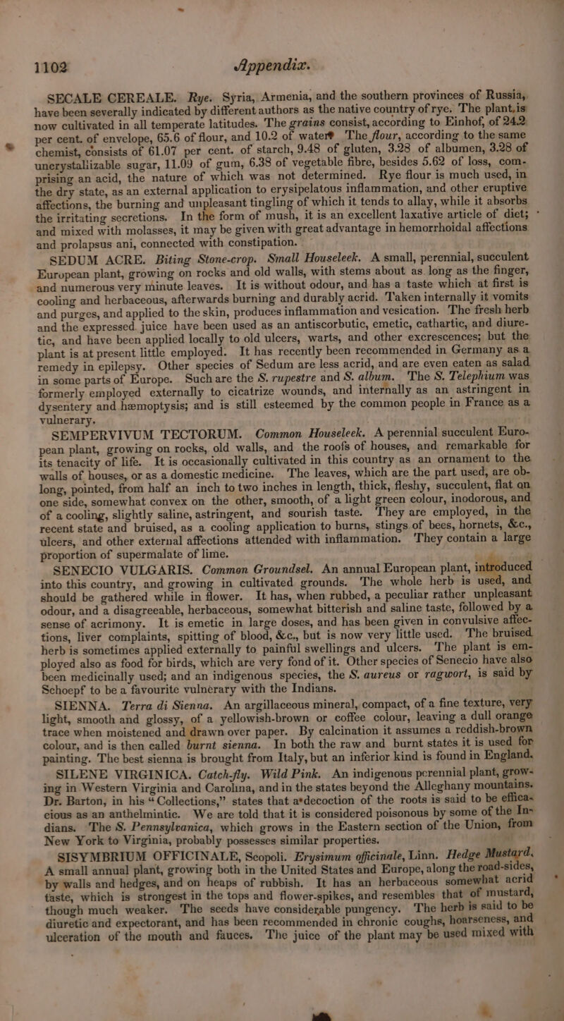 SECALE CEREALE. Rye. Syria, Armenia, and the southern provinces of Russia, have been severally indicated by different authors as the native country of rye. The plant,is’ now cultivated in all temperate latitudes. The grains consist, according to Einhof, of 24.2 per cent. of envelope, 65.6 of flour, and 10.2 of water? The flour, according to the same chemist, consists of 61.07 per cent. of starch, 9.48 of gluten, 3.28 of albumen, 3.28 of unerystaliizable sugar, 11.09 of gum, 6.38 of vegetable fibre, besides 5.62 of loss, com- prising an acid, the nature of which was not determined. Rye flour is much used, in the dry state, as an external application to erysipelatous inflammation, and other eruptive affections, the burning and Ly gang tingling of which it tends to allay, while it absorbs the irritating secretions. Int form of mush, it is an excellent laxative article of diet; ° and mixed with molasses, it may be given with great advantage in hemorrhoidal affections and prolapsus ani, connected with constipation. SEDUM ACRE. Biting Stone-crop. Small Houseleek. A small, perennial, succulent European plant, growing on rocks and old walls, with stems about as. long as the finger, and numerous very minute leaves. It is without odour, and has a taste which at first is cooling and herbaceous, afterwards burning and durably acrid. Taken internally it vomits and purges, and applied to the skin, produces inflammation and vesication. The fresh herb and the expressed. juice have been used as an antiscorbutic, emetic, cathartic, and diure- tic, and have been applied locally to old ulcers, warts, and other excrescences; but the plant is at present little employed. It has recently been recommended in Germany as a remedy in epilepsy. Other species of Sedum are less acrid, and are even eaten as salad in some parts of Europe. Suchare the S. rupestre and S. album. The S, Telephium was formerly employed externally to cicatrize wounds, and internally as an astringent in dysentery and hemoptysis; and is still esteemed by the common people in France as a vulnerary. SEMPERVIVUM TECTORUM. Common Houseleek. A perennial succulent Euro- pean plant, growing on rocks, old walls, and the roofs of houses, and remarkable for its tenacity of life. It is occasionally cultivated in this country as an ornament to the walls of houses, or as a domestic medicine. The leaves, which are the part used, are ob- long, pointed, from half an inch to two inches in length, thick, fleshy, succulent, flat an one side, somewhat convex on the other, smooth, of a light green colour, inodorous, and of a cooling, slightly saline, astringent, and sourish taste. ‘They are employed, in the recent state and bruised, as a cooling application to burns, stings of bees, hornets, &amp;e., ulcers, and other external affections attended with inflammation. ‘They contain a large proportion of supermalate of lime. SENECIO VULGARIS. Common Groundsel. An annual European plant, introduced into this country, and growing in cultivated grounds. The whole herb is used, and should be gathered while in flower. It has, when rubbed, a peculiar rather unpleasant odour, and a disagreeable, herbaceous, somewhat bitterish and saline taste, followed by a sense of acrimony. It is emetic in large doses, and has been given in convulsive affec- tions, liver complaints, spitting of blood, &amp;c., but is now very little used. The bruised herb is sometimes applied externally to painful swellings and ulcers. The plant is em- ployed also as food for birds, which are very fond of it. Other species of Senecio have also been medicinally used; and an indigenous species, the S. aureus or ragwort, is said by Schoepf to be a favourite vulnerary with the Indians. SIENNA. Terra di Sienna. An argillaceous mineral, compact, of a fine texture, very light, smooth and glossy, of a yellowish-brown or coffee colour, leaving a dull orange trace when moistened and drawn over paper. By calcination it assumes a reddish-brown colour, and is then called burnt sienna. In both the raw and burnt states it is used for painting. The best sienna is brought from Italy, but an inferior kind is found in England, SILENE VIRGINICA. Catch-fly. Wild Pink. An indigenous perennial plant, grow- ing in Western Virginia and Carolina, and in the states beyond the Alleghany mountains. Dr. Barton, in his “Collections,”. states that a*decoction of the roots is said to be effica~ cious as an anthelmintic. We are told that it is considered poisonous by some of the In- dians. The S. Pennsylvanica, which grows in the Eastern section of the Union, from New York to Virginia, probably possesses similar properties. SISYMBRIUM OFFICINALE, Scopoli. Erysimum officinale, Linn. Hedge ey: A small annual plant, growing both in the United States and Europe, along the road-sides, by walls and hedges, and on heaps of rubbish. It has an herbaceous somewhat acrid taste, which is strongest in the tops and flower-spikes, and resembles that of mustard, though much weaker. The seeds have considerable pungency. ‘The herb is said to be diuretic and expectorant, and has been recommended in chronic coughs, hoarseness, and ulceration of the mouth and fauces. The juice of the plant may be used mixed with