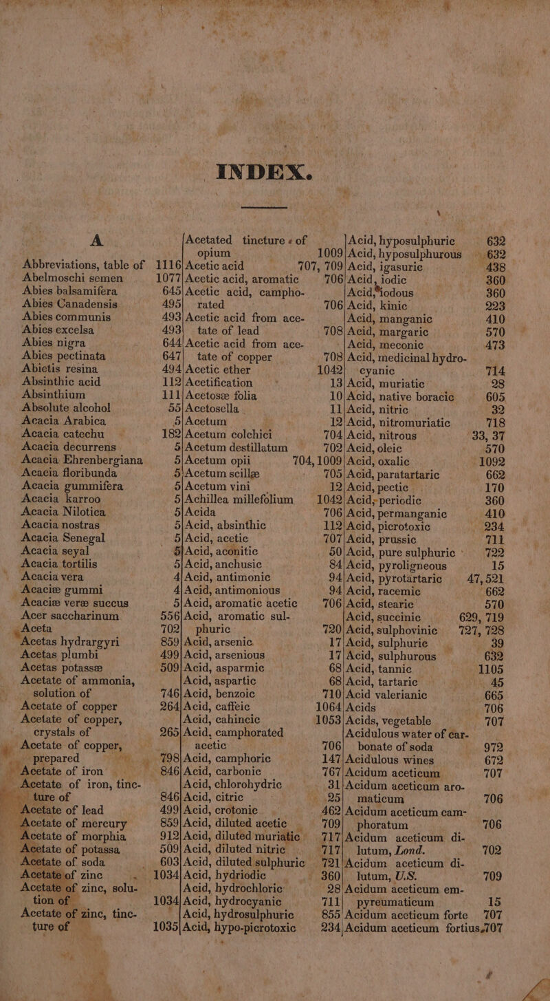 A Abelmoschi semen Abies balsamifera Abies Canadensis Abies communis Abies excelsa Abies nigra Abies pectinata Abietis resina Absinthic acid Absinthium Absolute alcohol Acacia Arabica Acacia catechu Acacia decurrens Acacia Ehrenbergiana Acacia floribunda Acacia gummifera Acacia karroo Acacia Nilotica Acacia nostras Acacia Senegal Acacia seyal Acacia tortilis Acacia vera _ Acacie gummi _ Acacie vere succus Acer saccharinum Aceta Acetas hydrargyri Acetas plumbi Acetas potasse Acetate of ammonia, solution of Acetate of copper Acetate of copper, crystals of _ Acetate of copper, prepared ety ie of iron i Acetate of iron, tinc- a ture of Acetate of lead Acetate of mercury Acetate of morphia . Acetate of potassa Acetate of soda Aceta zinc rn Acetate of zinc, solu- tion of | Acetate of zinc, tinc- ture of Sy) 1035 Acid, iis ne ral 234| 4 Acetated tincture « of Acid, hyposulphurie 632 opium 1009) Acid, hyposulphurous 632 707, 709/ Acid, igasuric 438 1077) Acetic acid, aromatic 706| Acid, iodic 360. 645) Acetic acid, campho- Acid*iodous 360 495} rated 706| Acid, kinic 223 493) Acetic acid from ace- Acid, manganic 410 493\ tate of lead 708 Acid, margaric 570 644) Acetic acid from ace- -|Acid, meconic 473 647| tate of copper 708 Acid, medicinal hydro- 494| Acetic ether 1042} eyanic 714 112) Acetification 13)Acid, muriatic 28 111) Acetosze folia 10|Acid, native boracic 605. 55|Acetosella . 11)Acid, nitric. 32 5) Acetum 12|Acid, nitromuriatic 718 182|Acetum colchici 704|Acid, nitrous 33, 37 5|Acetum destillatum 702) Acid, oleic 570 5|Acetum opii 704, 1009] Acid, oxalic 1092 5'Acetum scillge 705) Acid, paratartaric 662 dj|Acetum vini. 12|Acid, pectic 170 5|Achillea millefolium 1042) Acid; periodic 360 5 Acida 706) Acid, permanganic 410 5|Acid, absinthic 112}Acid, picrotoxic 234 3 Acid, acetic 707|Acid, prussic 711 5] Acid, aconitic 00 Acid, pure sulphuric: 722 5| Acid, anchusic 84 Acid, pyroligneous 15 4 Acid, antimonic 94/Acid, pyrotartarie 47,521 A| Acid, antimonious 94! Acid, racemic 662 5|Acid, aromatic acetic 706 Acid, stearic 570. 556]Acid, aromatic sul- Acid, succinic 629, 719 702| phuric- 720) Acid, sulphovinic 727, 728 859] Acid, arsenic. 17|Acid, sulphuric i 30 499} Acid, arsenious _ 17/Acid, sulphurous — 632 509]Acid, asparmic 68| Acid, tannic — 1105 Acid, aspartic 68) Acid, tartaric. AS 746) Acid, benzoic 710) Acid valerianic 665 264|Acid, caffeic 1064) Acids 706 Acid, cahincic 1053) Acids, vegetable 707 265] Acid, camphorated Acidulous water of car- . ~ acetic 706} bonate of soda 972 798) Acid, camphoric 147 Acidulous wines 672 - 846)Acid, carbonic 767|Acidum aceticum 707 Acid, chlorohydric 31}Acidum aceticum aro- 846] Acid, citric 25) maticum 706 499} Acid, crotonic _ 462) Acidum aceticum cam- 859}Acid, diluted acetic 709| +phoratum 706 912) Acid, diluted muriatic 717|/Acidum aceticum di- 509] Acid, diluted nitric . 717 lutum, Lond. 702 603) Acid, diluted sulphuric 721/Acidum aceticum di- 1034 Acid, hydriodic — 360). lutum, U.S. 709 Acid, hydrochloric: 28'Acidum aceticum em- 1034] Acid, hydrocyanic 711) pyreumaticum 15 _ |Acid, hydrosulphuric 855 Acidum aceticum forte 707