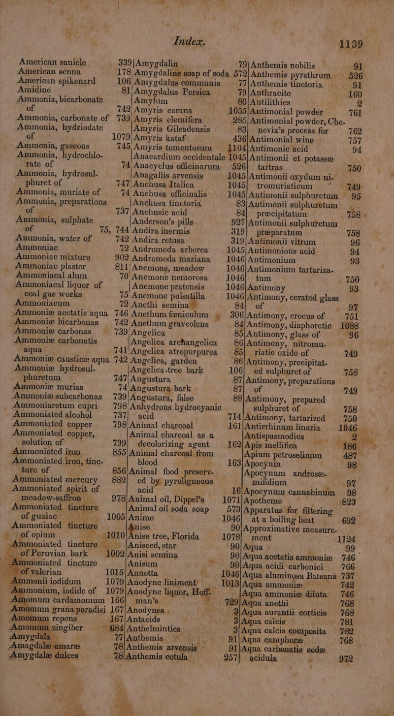 American sanicle 339|Amygdalin _ -.. -79|Anthemis nobilis — 91 American senna 178 Amygdaline soap of soda 572|Anthemis pyrethrum 526 American spikenard 106 Amygdalus communis. _-77|Anthemis tinctoria _ 91 Amidine 81! Amygdalus Persica —-79| Anthracite 160 Ammonia, bicarbonate Amylum Care 80| Antilithics 2 of 742 Amyris carana 1055] Antimonial powder 761 Ammonia, carbonate of 739 Ampyris elemifera 285/ Antimonial powder, Che- -Ammonia, hydriodate Amyris Gileadensis 83} nevix’s process for 762 OP th) 1079| Amyris kataf 436/Antimonial wine | 157 Ammonia, gaseous 745 Amyris tomentosum 1104|Antimonic acid 94 Ammonia, hydrochlo- Anacardinm occidentale 1045)Antimonii et potasse H ‘rate of ‘74 Anacyclus officinarum. 526] tartras meine (150 Ammonia, hydrosul- |Anagallis arvensis 1045/Antimoniioxydum ni- phuret of 747, Anchusa Italica 1045} tromuriaticum Wey: on Ammonia, muriate of 74 Anchusa officinalis 1045/Antimonii sulphuretum 95. Ammonia, preparations | Anchusa tinctoria 83) Antimonii sulphuretum | SOF vases 737 Anchusic acid 84] precipitatum 758 Ammonia, sulphate Anderson’s pills 927|Antimonii sulphutetum of 75, 744 Andira inermis 319] preparatum 738 Ammonia, water of 742 Andira retusa 319] Antimonii vitrum 96 Ammoniac 72 Andromeda arborea 1045] Antimonious acid 94 Ammoniac mixture 902 Andromeda mariana 1046] Antimonium 93 Ammoniac plaster 811/Anemone, meadow 1046/Antimonium tartariza- Ammoniacal alum 70 Anemone nemorosa 1046} tum 750 Ammoniacal liquor of Anemone pratensis 1046) Antimony 93 coal gas works 75 Anemone pulsatilla 1046}Antimony, cerated glass Ammoniacum 72 Anethi semina — 84) of i Bt Ammonie acetatis aqua 746 Anecthum feniculum » 306/Antimony, crocus of 751 Ammonie bicarbonas 742 Anethum graveolens 84/Antimony, diaphoretic 1088 Ammonie carbonas —_ 739 Angelica 85|Antimony, glassof 96 Ammonie carbonatis Angelica archangelica 86|Antimony, nitromu- aqua 741' Angelica atropurpurea 85] __riatic oxide of 749 Ammoniz caustice aqua 742 Angelica, garden 86] Antimony, precipitat- Ammonie hydrosul- | Angelica -tree bark 106} ed sulphuret of 758 phuretum 747 Angustura 87|Antimony, preparations Ammonie murias 74 Angustura bark 87| of 749 Ammonie subcarbonas 739|Angustura, false 88/Antimony, prepared _ Ammoniaretum cupri 798 Anhydrous hydrocyanic _sulphuret of 758 . Ammoniaied alcohol 737) acid ‘714/Antimony, tartarized 750 Ammoniated copper 798 Animal charcoal 161)Antirrhinum linaria . 1046... Ammoniated copper, Animal charcoal as a Antispasmodics solution of’ 799| decolorizing agent — 162/Apis mellifica Ammoniated iron 855) Animal charcoal from Apium petroselinum Ammoniated iron, tinc- | blood PES nit 163] Apocynin ture of ms 856 Animal food preserv- Apocynum androse- Ammoniated mercury 882/ ed by pyroligneous mifolium OF Ammoniated spirit of acid | 16/Apocynum cannabinum 98 meadow-safiron — 978) Animal oil, Dippel’s 1071/Apotheme —~— ‘823 Ammoniated tincture Animal oil soda soap 573) Apparatus for filtering ofguaiac = = ~—- 1005! Anime 1046} ata boiling heat 692 Ammoniated tincture __ nise __ 90/Approximative measure- » + of opium -_ -1010|Anise tree, Florida 1078) ment 1124 _Ammoniated tincture | Aniseed, star 90|Aqua » : 2 i of Peruvian bark = 1002/Anisi semina, _ 90)Aqua acetatisammonie 746 ymmoniated tincture Anisum “ 90|Aqua acidi carbonici. 766 ~~ of valerian 1015|Annotta — ~ 1046] Aqua aluminosa Bateana: 737 _Ammonii iodidum 1079) Anodyne liniment’ .1013/Aqua ammonia 742 Ammonium, iodide of 1079|Anodyne liquor, Hoff — |Aqua ammonie diluta 746 . Amomum cardamomum 166} man’s ee Gy BS ‘Aqua anethi 768 Amomum grana paradisi 167|/Anodynes . 3] Aqua aurantii corticis 768 Amomum repens . 167/Antacids » SiAqua ecalcis. {4.78 Amomum zingiber © 684/Anthelmintics 3|Aqua calcis composita 782 Amygdala — -Ti/Anthemis ~~ 91 Aqua camphora 768 | -Amagdale amare 78| Anthemis arvensis 91|Aqua carbonatis sode ; Amygdale dulces 78)Anthemis cotula — 257) acidula ‘i 972
