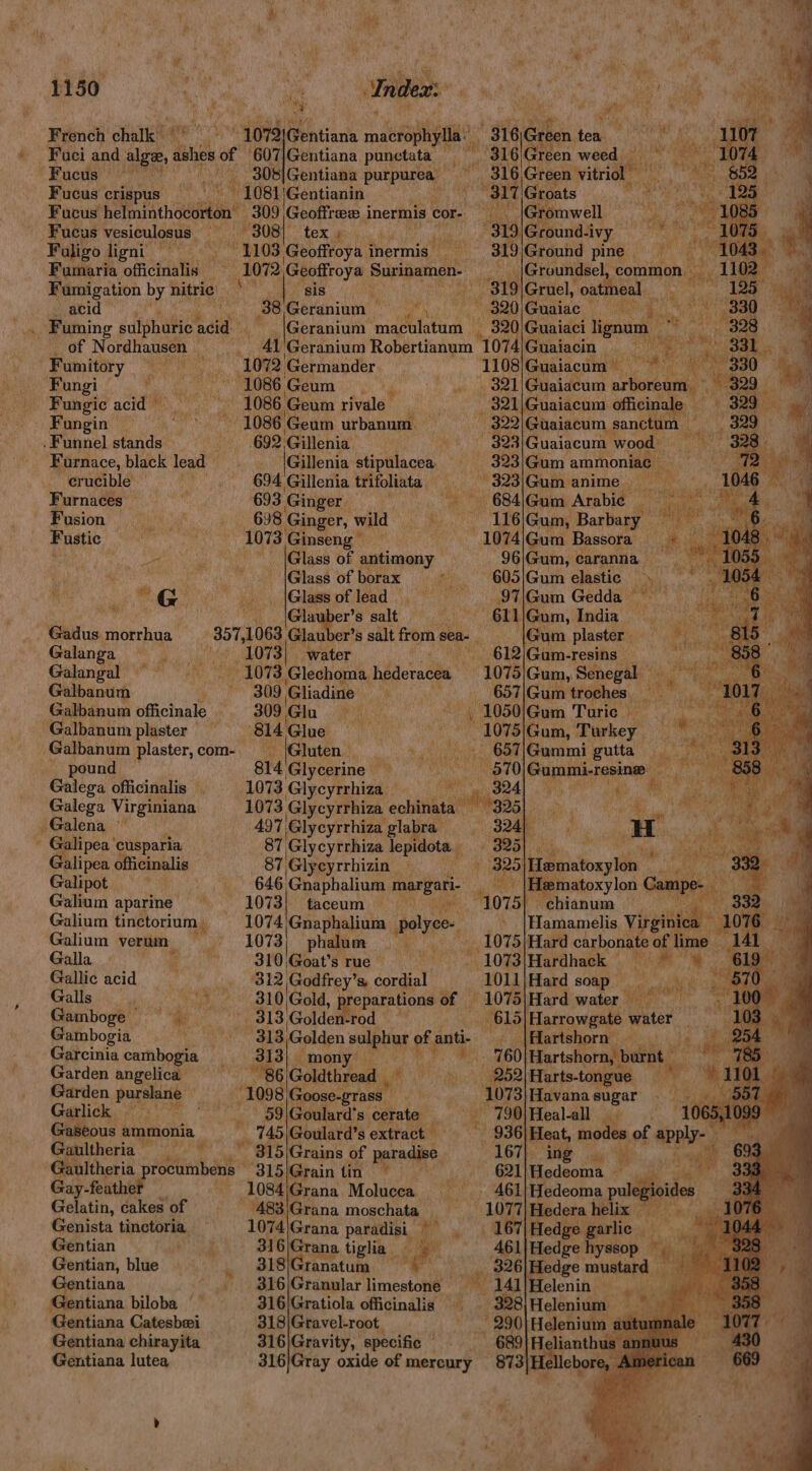 French ohunen He ‘et Fuci and alge ashi of 607 “Fucus 308 Fucus crispus 1081 Fucus betmunthouditan® 309, Fucus vesiculosus. « 308) Faligo ligni 1103, Fumaria officinalis — 1072 Fumigation by nitric a acid : oes 38 .. Fuming sulphuric are _ of Nordhausen pert Fumitory naa Fungi ) a 1086 Fungic acid ~ 1086 Fungin 1086 Shara stands 692: Furnace, black lead» Genista tinctoria. ; ~ Gentiana rnieropleeaia! Gentiana punetata Gentiana apm: \Gentianin Geoffree i inermis cor. tex a Geoffroya i inermis Geoffroya Surinamen- sis Geranium — . ae a Geranium maculatum - 320 Guaiaci lignum Geranium Robertianum 1074 ane 4 ys Pes Geum Nee Geum rivale— ' Geum urbanum. Gillenia ; Gillenia stipulacea_ crucible 694 Gillenia trifoliata Furnaces 693 Ginger. Fusion — iy 698 Ginger, wild Fuastic 1073 Ginseng’ : 4 ; __|Glass of antimony aya k Glass of borax pale OS NEAT ae Glass of lead - | ng br, 30% s salt Gadus morrhua 397, 1063 Glau er’s salt from s sea- Galanga 1073 water ye phi Galangal 3 - 1073 Glechoma, hederacéa, Galbanum 309 Gliadine Galbanum officinale 309 Gat Galbanum plaster = 814. Glue. Galbanum plaster, com-. _ |Gluten. fc ~ pound 814 ‘Glycerine — Means Galega officinalis 1073 Glocyianies) sis r My } Galega Virginiana 1073 Glycyrrhiza echinata. 325) a F Galena © 497 Glycyrrhiza. glabra” Rome - Galipea’ cusparia 87 Glycyrrhiza lepidota., Fs he , a Galipea officinalis 87 Glycyrrhizin ; atoxylon nie hak aaa Gratipots).. 2): 646 Gnaphalium Gnas Ve , vatoxylon Campe- K i Galium aparine 1073) taceum | chianum aM Galium tinctorium, 1074 Gnaphalium payee. ' |Hamamelis Dei | 10 Galium verum 1073) phalum | _ 1075|Hard carbonate of lime 14. Galla_- 310 Goat's rue - 1073\Hardhack Gallic acid . 312 Godfrey’s, cordial 1011|Hard soap if cent Galls Nea fe 310 Gold, preparations of oy 7 Ne Hard water a Gambore gro ye 313 Golden Tod Gambogia 313 ,Gelden ee of anti. a Garcinia cambogia 313) mon: ( a! Garden angelica NG Goldthread _ Garden pareety 1098 Goose- ‘ass. 1073) Mann’ hear Garlick — _ 59|Goulard’s cerate _ 790 Heal-all Gaseous ammonia _745\Goulard’s extract — Gaultheria == -315)Grains of paradise -Gaultheria abies ate 315/Grain tin” ) Gay-feathet 1084\Grana Molucea. Gelatin, cakes of -483'Grana moschata — Gentian 316)Grana tiglia 461|/Hedge hyssop © Gentian, blue , 318 Tanatum | 326] Hedge mith Gentiana _ 816/Granular limestone © Na 141/Helenin — | ‘Gentiana biloba © 316/Gratiola officinalis 328\Helenium = Gentiana Catesbei 318/Gravel-root. aoe Helenium aut Gentiana chirayita Gentiana lutea