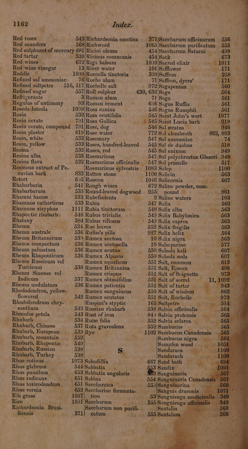 Red roses _ Red saunders 568{Richweed Red tartar Red wines Red wine vinegar Reddle — ; Refined sal ammoniac Refined saltpetre _ Refined sugar Refrizerants Reseda luteola ~ Resin Resin cerate Resin plaster Resin, white Resin, yellow. -Resina » ‘ Resina alba Resina flava Resinous extract of Pe- ~- ruvian bark Retort . : Rhabarbarin Rhabarbarum Rhamni bacce — Rhamunus catharticus Rhamnus zizyphus Rhapoutie it hatany . Rheum Rheum australe Rheum Britannicum > Rheum compactum Rheum palmatum ~ Rheum Rhaponticum Rheum Russicum vel Turcicum Rheum Sinense vel Indicum “ ~ Rheum undulatum Rhododendron, yellow- flowered Rhododendrum chry- santhum Rheeados petala | ~ Rhubarb ~ Rhubarb, Chinese Rhubarb, European Rhubarb, mountain Rhubarb, Rhapontic Rhubarb, Russian Rhubarb, Turkey Rhus cotinus - Rhus glabrum _ Rhus pumilum — Rhus radicans — Rhus toxicodendron Rhus vernix Rib grass Rice Richardsonia Brazi- liensis - §20)/Ricinus communis 672 Riga balsam 13] River water t. 1099/|Roccella tinctoria 76|}Roche alum 507|Roll sulphur 3;Roman alum 93|Roman cement 1099|Rosa canina 532) Rosa centifolia 791|Rosa Gallica 791)Rose, dog 819!Rose water 533)Rosemary 533) Roses, hundred- leaved 532) Roses, red 533, Rosmarinus 532, Rosmarinus officinalis — |Rosmarinus sylvestris 833 Rotten stone 635, Roucou 541|Rough wines. 533, Rubefacients 533. Rubia -1111 Rubia tinctorum : 540 Rubus trivialis 384 Rubus villosus 534. Rue leaves 53),Rumex acetosa 536 Rumex acutus 536 Rumex Alpinus: Rumex sank cus 538 Rumex Britannica 'Rumex crispus 537 Rumex obtusifolius 536 Rumex patientia ‘Rumex sanguineus 542 Rumex scutatus) - ‘Ruspini’s styptic 537 Ruta graveolens 039 Rye | 552) 540} 538 538 Si 544 Sabbatia 651 Saccharates ~ 652 Saccharine feeentnter tion 1031, Saccharum ‘371 * ah Lint 1083 Salep zi a — 1100 Salicin Sa, 963 a - 1046 Salicornia oat ath OOH ei 672 Saline powder, com- a. ie 2. Saline waters iOS. \ iam 547 Salix 662): am 548 Salix alba 4668 Fe 549 Salix Babylonica | 7663 >) ag - 1 §49 Salix caprea 563) <9 552 Salix fragilis — 563 927 Salix helix _ _871|Saccharum officinarum 556 -454\Saccharum Saturni 499, , 454/Sack 673. 109 Sacred elixir. » 1011 101 \Safflower lB, 399|Saffron aoe mia 71 Saffron, dyers’ in i A 72 \Sagapenum 8 ee, 630, 632 Sage vibe wee ee Ut! ‘Sago Wig Shade 561 696 Sagus Ruffia; | fogs pol.~ 546. Sagus Rumphii eel: me 545 Saint John’s wort 1077 ‘a Si 545, Saint Lucia bark ae up “a 546 Saleratus ae 772 Sal alembroth 862, 883. 547 Sal ammoniac yee q 545 Sal de duobus Fo ae 545 Sal enixum 949 547 Sal polychrestus Glaser eran a 547 Sal prunelle 10 Salix nigra ~ 10 Salseparine 550) Salsola kali ei 550 Salsola soda 551 Salt, common. -991 Salt, Epsom do1 Salt of Scignette 551 Salt of sorrel mp 551 Salt of tartar: ac. 550 Salt of wisdom . 551 Salt, Rochelle 165. Seltpetee | aye 538 Salvia officinalis - 84) Salvia pratensis 592 Salvia sclarea 552 Sambucus nf 1102 Sambucus Cltiudensis |Sambucus nigra’ Ke _[Sampfen wood Sandaraca ‘Sandarach_ 667 Sand bath 3 Sandix 3 Sanguinaria | 35d Sanguinaria Canade te ers S 55 Saat nid ° aoe ie