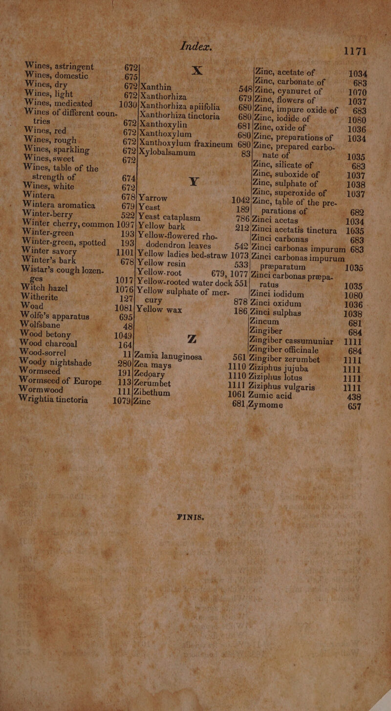 i i x Wines, astringent «679. X 5.» {Zinic, acetate of 1034 -. Wines, domestic Se Met STE i erialn see tne Wino. Cabboriatecor' 683 Wines, dry ... 672/Xanthin - ' d48)Zine, cyanuret of 1070 “Wines, light _ 672)Xanthorhiza 679|Zine, flowers of 1037 - Wines, medicated 1030 Xanthorhiza apiifolia 680 Zine, impure oxide of 683 Wines of different coun. |Xanthorhiza tinctoria 680/Zinc, iodide of ~~ 1080 | __. tries, . 672\Xanthoxylin. ~ 681|Zine, oxide of 1036 Wines, red -°672)Xanthoxylum 680|Zinc, preparations of 1034 Wines, rough) ss 72 Xanthoxylum fraxineum 680 Zinc, prepared earbo- , Wines, sparkling __ 672/Xylobalsamum ~ © 83} nate of eit 1035 Wines,sweet © _ G72} ic ; Zine, silicate ae 683 Wines, table of the ik Zinc, suboxide of =~ 1037 _ strength of 674) A Gee _ {Gine, sulphate of ———-1038 Wines, white — OT __|Zinc, superoxide of 1037 Wintera — ‘ 678! Yarrow 1042)Zinc, table of the pre- Wintera aromatica 679] Y east 189} parations of . 682 Winter-berry — 522) Yeast cataplasm 786 Zinci acetas — 1034 3 _ Winter cherry, common 1097 Yellow bark 212)Zinci acetatis tinctura 1035 me Winter-green 193} Yellow-flowered rho- Zinci carbonas — 683 _ Winter-green, spotted 193) dodendron leaves 542 Zinci carbonas impurum 683 Winter savory 1101) Yellow ladies bed-straw 1073 Zinci carbonas impurum a Vinter’s bark 678] Yellow resin 533} preeparatum 1035 Wistar’s cough lozen- | Yellow. root 679, 1077 Zinci carbonas preepa- RRC 5 Ar 1017|Yellow-rooted water dock 551| ratus iy PRE EOS Witch hazel 1076} Yellow sulphate of mer- Zinci iodidum 1080 _. Witherite 127) cury 878 Zinci oxidum 1036 Woad 1081/Yellow wax 186 Zinci sulphas 1038 Wolfe’s apparatus «695 ti Zincum 681 Wolfsbane jae; 48h Zingiber 684. Wood betony =—-1049 VA Zingiber cassumuniar * 1111 Wood charcoal 164, 2.8 Zingiber officinale _ . 684 Wood-sorrel 11/Zamia lanuginosa 061 Zingiber zerumbet ==: 1111 _ Woody nightshade 280/Zea mays 1110 Ziziphus jujuba — 1111 - Wormseed 191|\Zedoary 1110 Ziziphus lotus bor STEER Wormseed of Europe _113/Zerumbet 1111 Ziziphus vulgaris. 1111 _ Wormwood | 111/Zibethum 1061 Zumic acid 438 _ Wrightia tinctoria _ 1079}Zine 681 Zymome 657 &amp; oe i hah ol i FINIS. a <