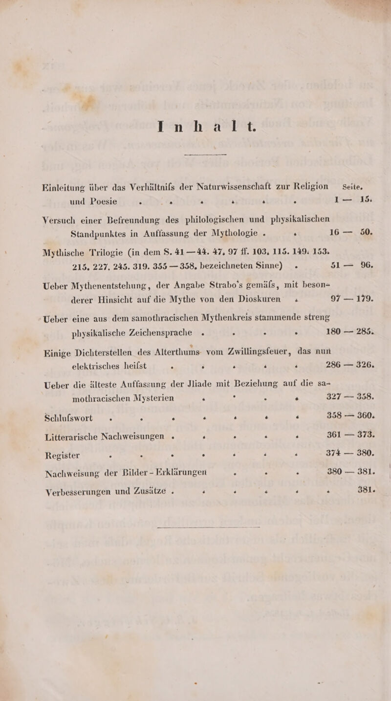 Dar’ PT Einleitung über das Verhältnifs der Naturwissenschaft zur Religion Seite. und Poesie r “u . . » 5 1— 15 Versuch einer Befreundung des philologischen und physikalischen Standpunktes in Auffassung der Mythologie . . 16 — 50. Mythische Trilogie (in dem S. 41 —44. 47, 97 ff. 103, 115. 149: 153. 215. 227. 245. 319. 355 — 358. bezeichneten Sinne) . 51— %. Ueber Mythenentstehung, der Angabe Strabo’s gemäls, mit beson= derer Hinsicht auf die Mythe von den Dioskuren ; 97 — 179. Ueber eine aus dem samothracischen Mythenkreis stammende streng physikalische Zeichensprache . . . . 180 — 285. Einige Dichterstellen des Alterthums- vom Zwillingsfeuer, das nun elektrisches heilst - ; . i ; 286 — 326. Ueber die älteste Auffassung der Jliade mit Beziehung auf die sa- mothraeischen Mysterien . , - . 327 — 358. Schlufswortt .» S . . . . . 358 — 360. Litterarische Nachweisungen « . s F “ 361 — 373. Register . % . . ; s i 374 — 380. Nachweisung der Bilder - Erklärungen A R 6 380 — 381. Verbesserungen und Zusätze . . ; . s ; 381.