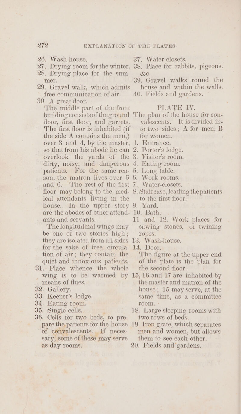 26. Wash-house. 37. Water-closets. 27. Drying room for the winter. 38. Place for rabbits, pigeons. 28. Drying place for the sum- ce. mer. 39. Gravel walks round the 29. Gravel walk, which admits house and within the walls. free communication of air. 40. Fields and gardens. 30. A great door. The middle part of the front building consists of the ground PLATE IV. The plan of the house for con- floor, first floor, and garrets. valescents. It is divided in- The first floor is inhabited (if to two sides; A for men, B the side A contains the men,) for women. . over 3 and 4, by the master, 1. Entrance. so that from his abode he can overlook the yards of the dirty, noisy, and dangerous patients. For the same rea- son, the matron lives over 5 and 6. 'The rest of the first . Porter’s lodge. Visiter’s room. Eating room. Long table. Work rooms. Water-closets. “UD OU 9920 ps floor may belong to the. med- ical attendants living in the house. In the upper story are the abodes of other attend- ants and servants. The longitudinal wings may be one or two stories high ; they are isolated from all sides for the sake of free circula- tion of air; they contain the quiet and innoxious patients. 8. Staircase, leading the patients to the first floor. 9. Vand. 10. Bath. 11 and 12. Work places for sawing stones, or twining ropes. 13. Wash-house. 14. Door, The figure at the upper end of the plate is the plan for the second floor. 15, 16 and 17 are inhabited by the master and matron of the house; 15 may serve, at the same time, aS a committee room. - 18. Large sleeping rooms with two rows of beds. 19. Iron grate, which separates men and women, but allows them to see each other. 20. Fields and ‘gardens. 31. Place whence the whole _ Wing is to be warmed by means of flues. 32. Gallery. 33. Keeper’s lodge. 34. Eating room. 35. Single cells. 36. Cells for two beds, to pre- pare the patients for the house of convalescents. If neces- sary, some of these may serve as day rooms.