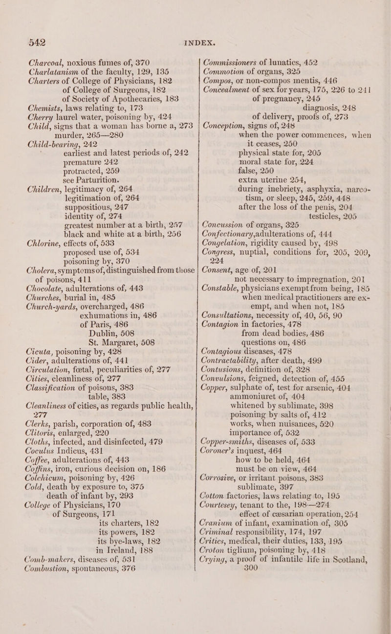 Charcoal, noxious fumes of, 370 Charlatanism of the faculty, 129, 135 Charters of College of Physicians, 182 of College of Surgeons, 182 of Society of Apothecaries, 183 Chemists, laws relating to, 173 Cherry laurel water, poisoning by, 424 Child, signs that a woman has borne a, 273 murder, 265—280 Child-bearing, 242 earliest and latest periods of, 242 premature 242 protracted, 259 see Parturition. Children, legitimacy of, 264 legitimation of, 264 suppositious, 247 identity of, 274 greatest number at a birth, 257 black and white at a birth, 256 Chlorine, effects of, 533 proposed use of, 534 poisoning by, 370 Cholera, symptoms of, distinguished from those of poisons, 411 Chocolate, adulterations of, 443 Churches, burial in, 485 Church-yards, overcharged, 486 exhumations in, 486 of Paris, 486 Dublin, 508 St. Margaret, 508 Cicuta, poisoning by, 428 Cider, adulterations of, 441 Circulation, foetal, peculiarities of, 277 Cities, cleanliness of, 277 Classification of poisons, 383 table, 383 Cleanliness of cities, as regards public health, 277 Clerks, parish, corporation of, 483 Clitoris, enlarged, 220 Cloths, infected, and disinfected, 479 Coculus Indicus, 431 Coffee, adulterations of, 443 Coffins, iron, curious decision on, 186 Colchicum, poisoning by, 426 Cold, death by exposure to, 375 death of infant by, 293 College of Physicians, 170 of Surgeons, 171 its charters, 182 its powers, 182 its bye-laws, 182 in Ireland, 188 Comb-makers, diseases of, 531 Combustion, spontaneous, 376 Commissioners of lunatics, 452 Commotion of organs, 325 Compos, or non-compos mentis, 446 Concealment of sex for years, 175, 226 to 241 of pregnancy, 245 diagnosis, 248 of delivery, proofs of, 273 Conception, signs of, 248 when the power commences, when it ceases, 250 physical state for, 205 moral state for, 224 false, 250 extra uterine 254, during inebriety, asphyxia, nareo- tism, or sleep, 245, 259, 448 after the loss of the penis, 204 testicles, 205 Concussion of organs, 325 Confectionary,adulterations of, 444 Congelation, rigidity caused by, 498 Congress, nuptial, conditions for, 205, 209, 224 Consent, age of, 201 not necessary to impregnation, 201 Constable, physicians exempt from being, 185 when medical practitioners are ex- empt, and when not, 185 Consultations, necessity of, 40, 56, 90 Contagion in factories, 478 from dead bodies, 486 questions on, 486 Contagious diseases, 478 Contractability, after death, 499 Contusions, definition of, 328 Convulsions, feigned, detection of, 455 Copper, sulphate of, test for arsenic, 404 ammoniuret of, 404 whitened by sublimate, 398 poisoning by salts of, 412 works, when nuisances, 520 importance of, 532 Copper-smiths, diseases of, 533 Coroner’s inquest, 464 how to be held, 464 must be on view, 464 Corrosive, or irritant poisons, 383 sublimate, 397 Cotton factories, laws relating to, 195 Courtesey, tenant to the, 198—274 effect of cesarian operation, 254 Cranium of infant, examination of, 305 Criminal responsibility, 174, 197 Critics, medical, their duties, 133, 195 Croton tiglium, poisoning by, 418 Crying, a proof of infantile life in Scotland, &amp;