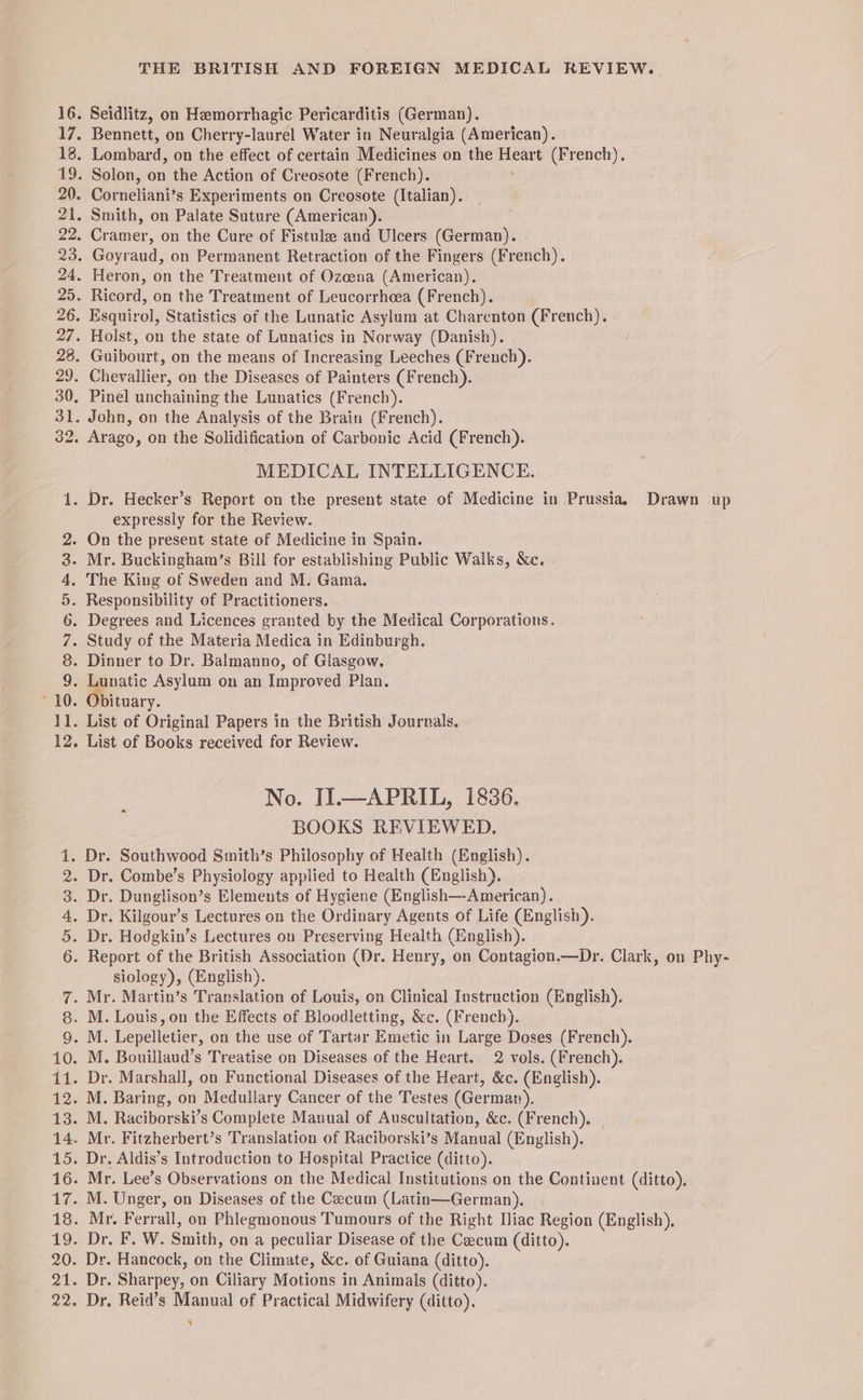 joo ho expressly for the Review. ituary. List of Books received for Review. No. II.—APRIL, 1836. BOOKS REVIEWED. siology), (English). ‘