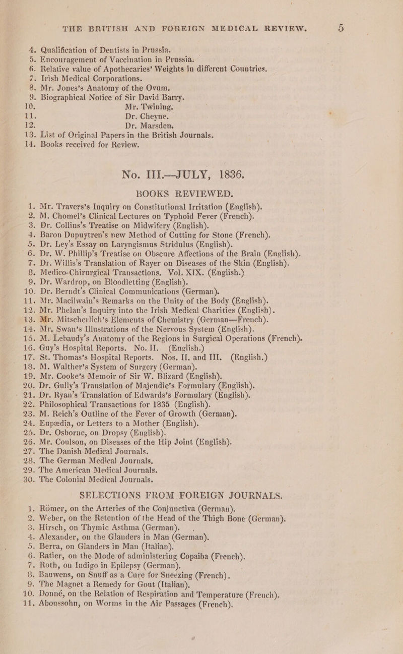 OO NMA Ob ow toe 10. if, THE BRITISH AND FOREIGN MEDICAL REVIEW. Mr. Twining. Dr. Cheyne. Dr. Marsden. No. III.—JULY, 1836. BOOKS REVIEWED. M. Chomel’s Clinical Lectures on Typhoid Fever (French). SELECTIONS FROM FOREIGN JOURNALS. Donné, on the Relation of Respiration and Temperature (Freuch), Aboussohn, on Worms in the Air Passages (French).