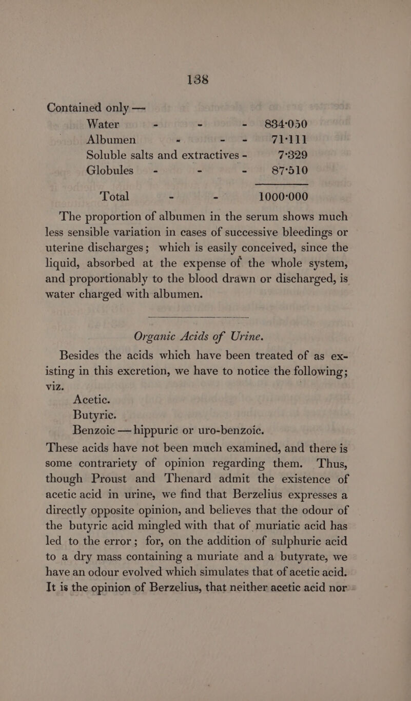 Contained only — Water 2 - - §884:050 Albumen “ - - 71111 Soluble salts and extractives - 7°329 Globules - - - 87°510 Total - - 1000-000 The proportion of albumen in the serum shows much less sensible variation in cases of successive bleedings or uterine discharges; which is easily conceived, since the liquid, absorbed at the expense of the whole system, and proportionably to the blood drawn or discharged, is water charged with albumen. Organic Acids of Urine. Besides the acids which have been treated of as ex- isting in this excretion, we have to notice the following; viz. Acetic. Butyric. Benzoic — hippuric or uro-benzoic. These acids have not been much examined, and there is some contrariety of opinion regarding them. Thus, though Proust and Thenard admit the existence of acetic acid in urine, we find that Berzelius expresses a directly opposite opinion, and believes that the odour of the butyric acid mingled with that of muriatic acid has led to the error; for, on the addition of sulphuric acid to a dry mass containing a muriate and a butyrate, we have an odour evolved which simulates that of acetic acid. It is the opinion of Berzelius, that neither acetic acid nor