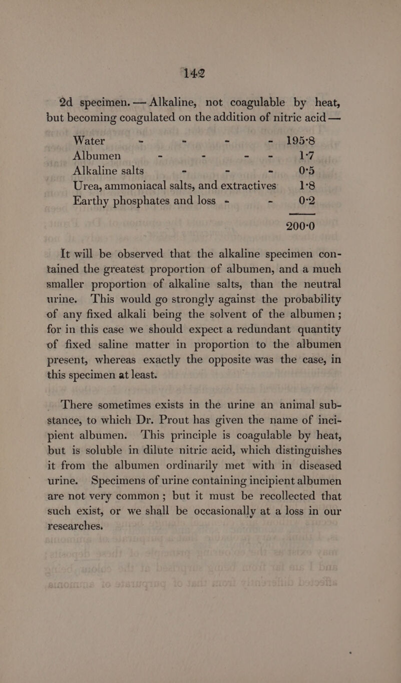 2d specimen. — Alkaline, not coagulable by heat, but becoming coagulated on the addition of nitric acid — Water - ” - - 195°8 Albumen ~ - - - 17 Alkaline salts - ~ - 0°5 Urea, ammoniacal salts, and extractives 1°8 Earthy phosphates and loss ~ - 0:2 200°0 It will be observed that the alkaline specimen con- tained the greatest proportion of albumen, and a much smaller proportion of alkaline salts, than the neutral urine. This would go strongly against the probability of any fixed alkali being the solvent of the albumen ; for in this case we should expect a redundant quantity of fixed saline matter in proportion to the albumen present, whereas exactly the opposite was the case, in this specimen at least. There sometimes exists in the urine an animal sub- stance, to which Dr. Prout has given the name of inci- pient albumen. ‘This principle is coagulable by heat, but is soluble in dilute nitric acid, which distinguishes it from the albumen ordinarily met with in diseased urine. Specimens of urine containing incipient albumen are not very common; but it must be recollected that such exist, or we shall be occasionally at a loss in our researches.