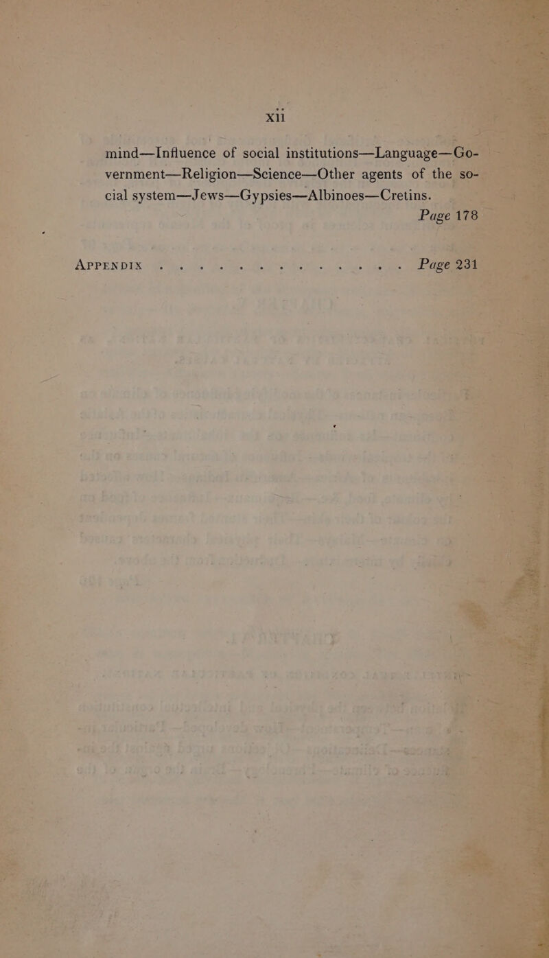 mind—Influence of social institutions—Language—Go- vernment—Religion—Science—Other agents of the so- cial system—J ews—Gy psies—Albinoes—Cretins. Page 178 APPENDIX Qld hu Ac tae ee 2.) I ee ee