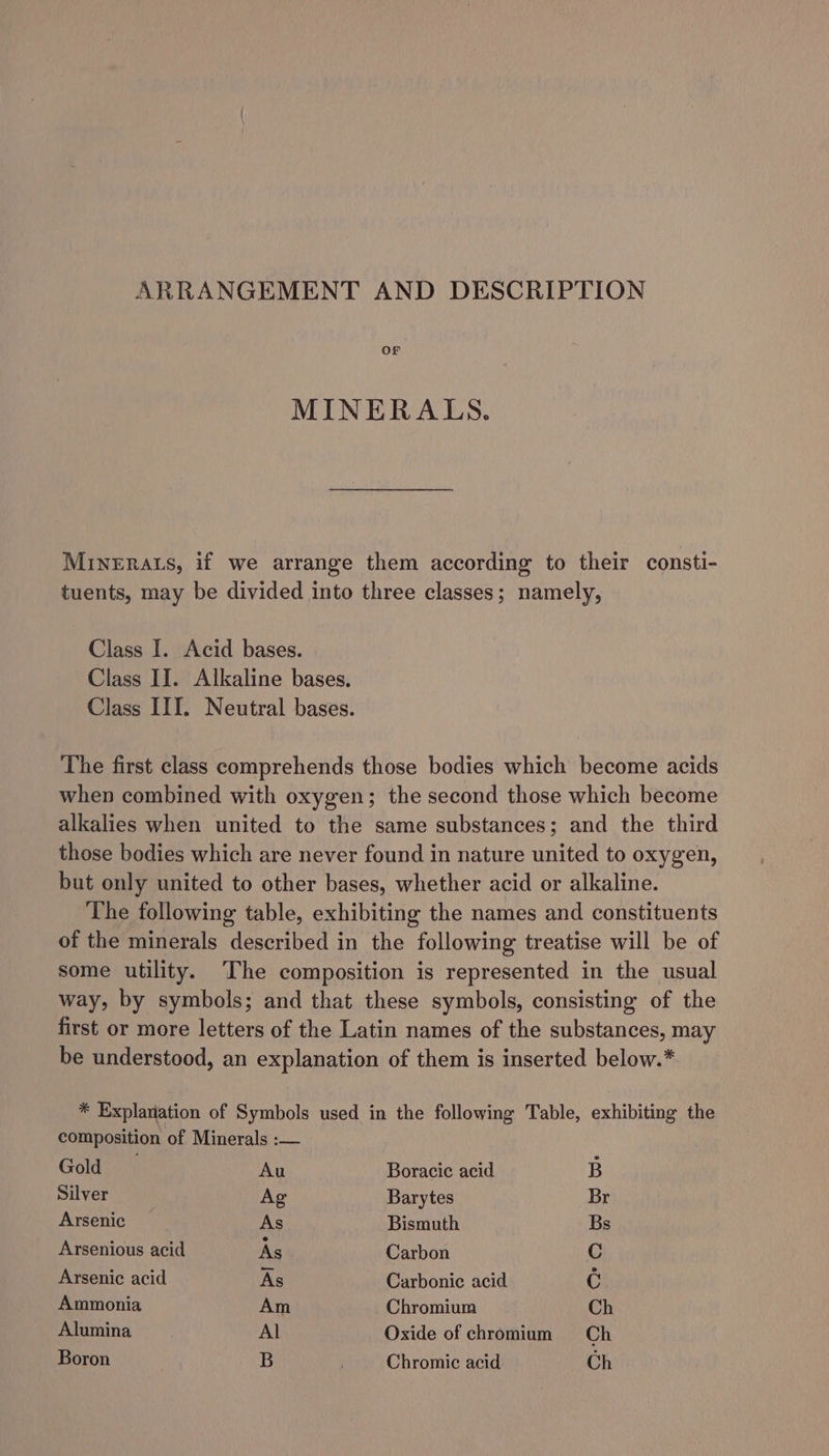 ARRANGEMENT AND DESCRIPTION OF MINERALS. Minenats, if we arrange them according to their consti- tuents, may be divided into three classes; namely, Class I. Acid bases. Class II. Alkaline bases. Class III. Neutral bases. The first class comprehends those bodies which become acids when combined with oxygen; the second those which become alkalies when united to the same substances; and the third those bodies which are never found in nature united to oxygen, but only united to other bases, whether acid or alkaline. The following table, exhibiting the names and constituents of the minerals described in the following treatise will be of some utility. ‘The composition is represented in the usual way, by symbols; and that these symbols, consisting of the first or more letters of the Latin names of the substances, may be understood, an explanation of them is inserted below.* * Explanation of Symbols used in the following Table, exhibiting the composition of Minerals :— Gold Au Boracic acid B Silver Ag Barytes Br Arsenic As Bismuth Bs Arsenious acid As Carbon C Arsenic acid As Carbonic acid C Ammonia Am Chromium Ch Alumina Al Oxide of chromium Ch Boron B Chromic acid. Ch