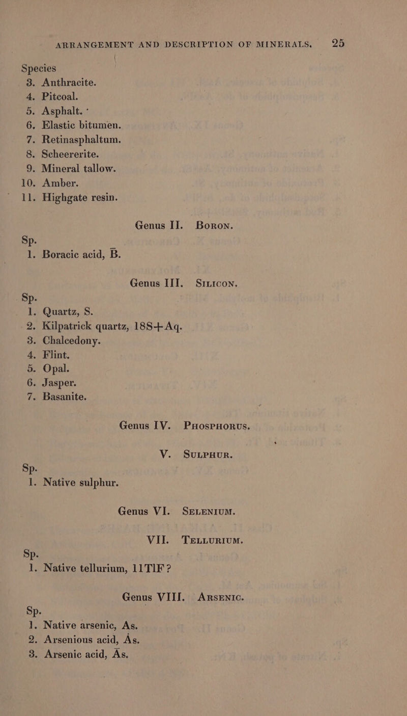 ; 3. mH CHUAN Do &amp; ~—— eae fs Anthracite. Genus III. Sinitcon, Opal. V. SuLpHur. Genus VI. SELENIUM. VII. Tr.uiurivum. Genus VIII. Arsenic. Native arsenic, As. Arsenious acid, As. Arsenic acid, As.