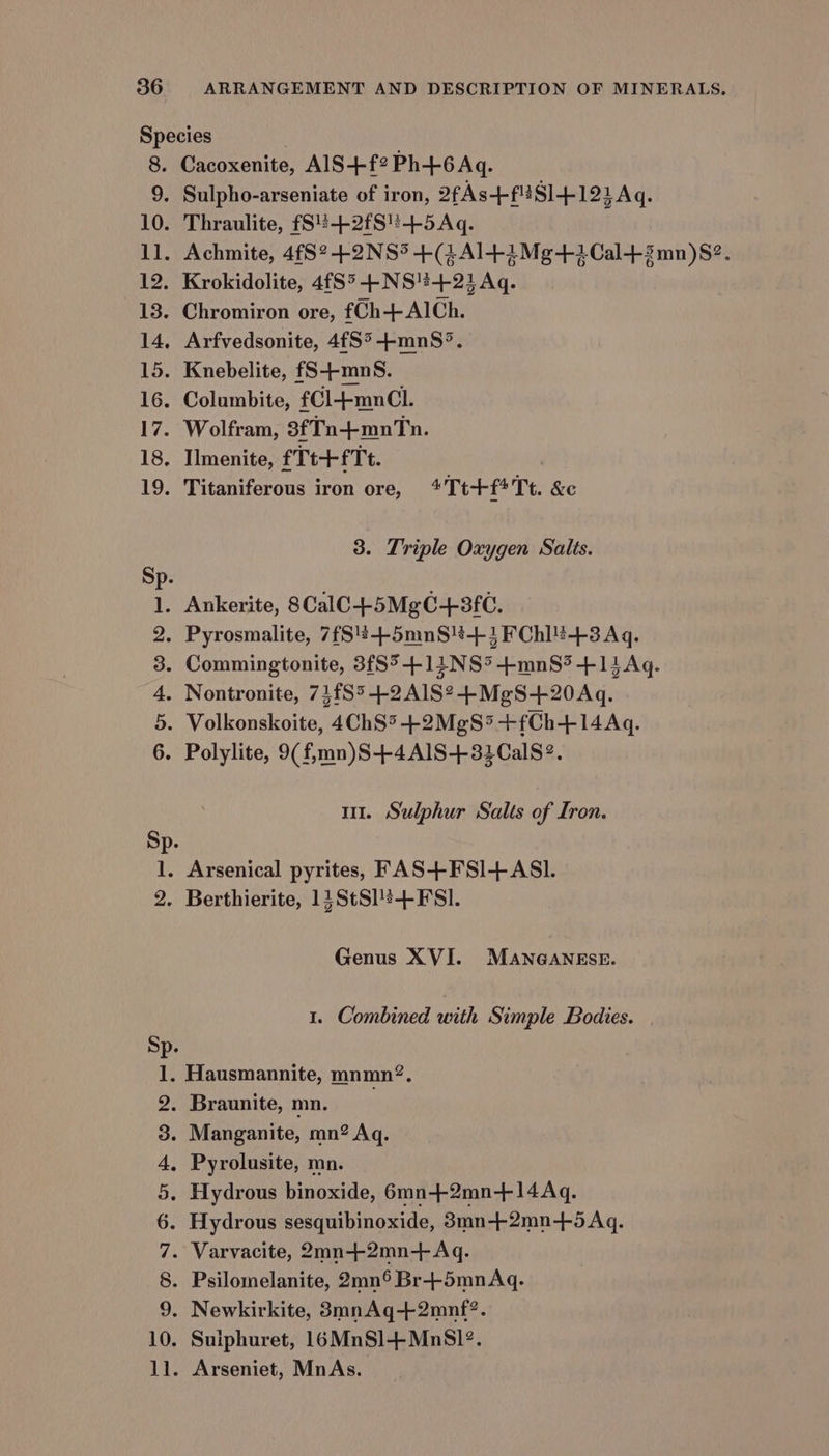 Arfvedsonite, 4fS°-+-mnS°. 3. Triple Oxygen Salts. Commingtonite, 3fS5+11NS&gt;+mnS3 +114 Aq. m1. Sulphur Salts of Lron. if — — SHMNA RAY ES Genus XVI. MANGANESE. 1. Combined with Simple Bodies. Hausmannite, mnmn?. Braunite, mn. Manganite, mn? Aq. Pyrolusite, mn. Hydrous binoxide, 6mn+2mn+14Aq. Hydrous sesquibinoxide, 3mn-++-2mn-++5Aq. Varvacite, 2mn-+2mn-+ Aq.