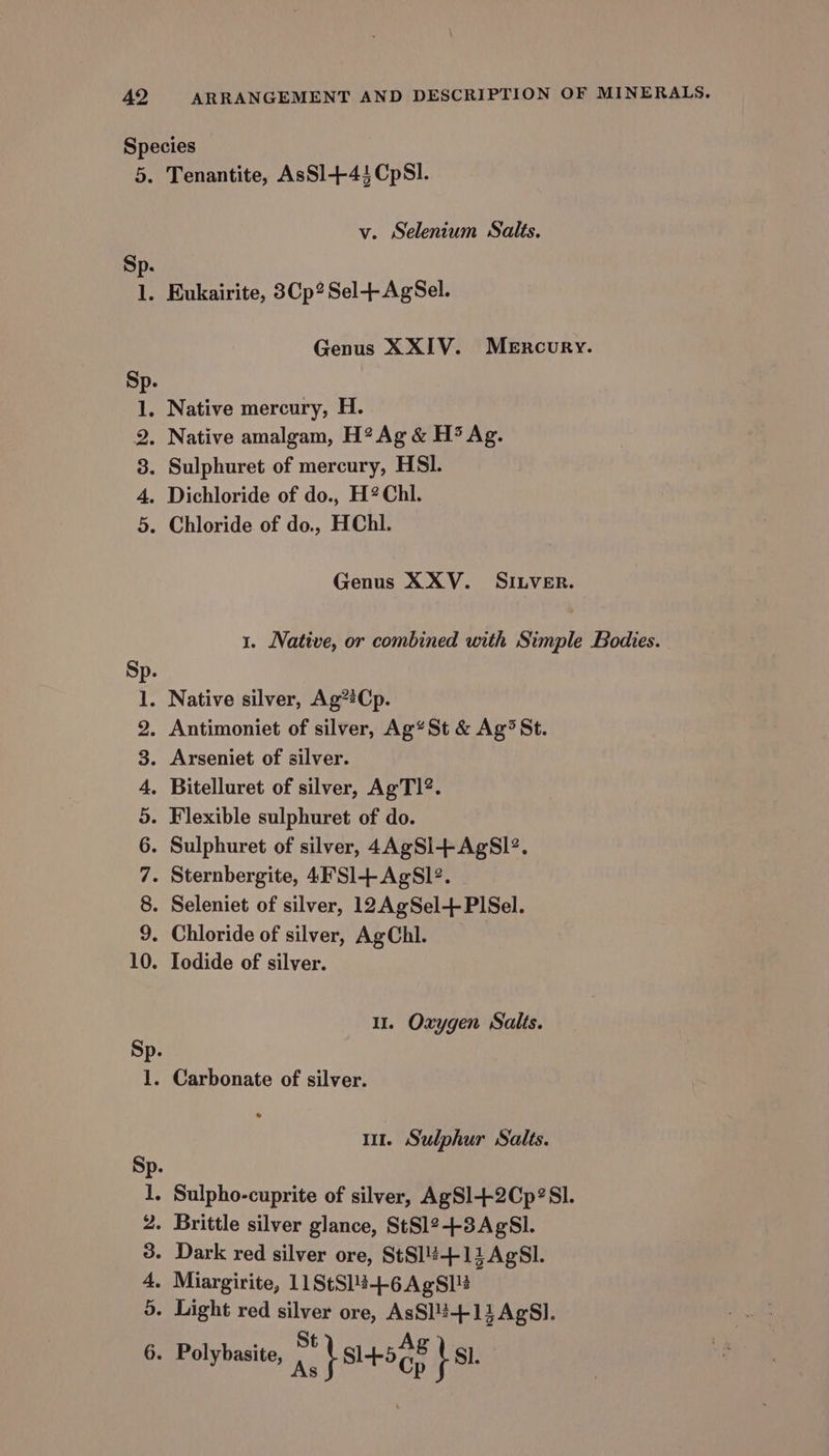 op o to a if) FS SCO MONAOAOPR WN ER _— S Grim Co he eee? Tenantite, AsS1+4}CpSI. v. Selenium Salts. Genus XXIV. Mercury. Genus X XV. SILVER. 1. Native, or combined with Simple Bodies. i. Oxygen Salts. m1. Sulphur Salts. 4