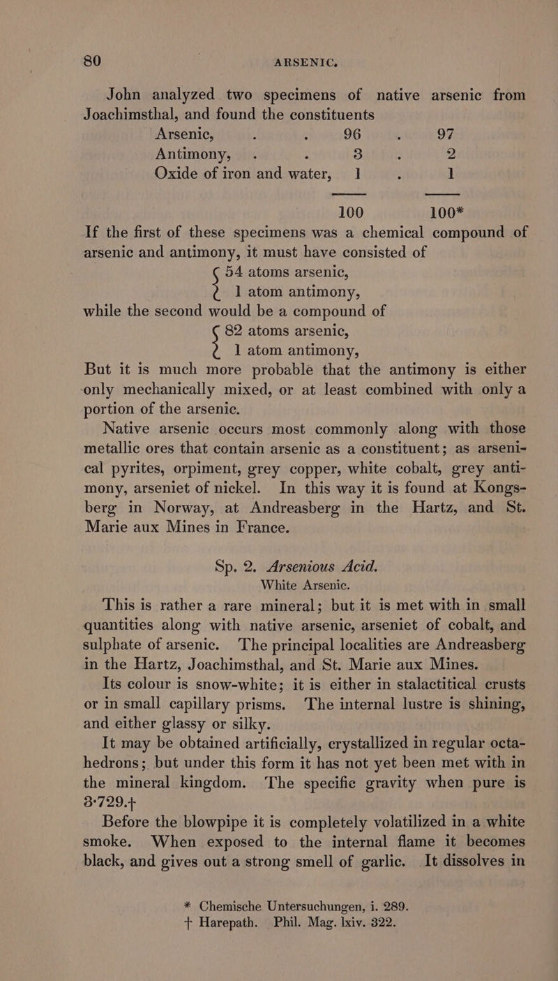 John analyzed two specimens of native arsenic from Joachimsthal, and found the constituents Arsenic, ; , 96 ; 97 Antimony, . : 3 2 Oxide of iron and water, | : 1 100 100* If the first of these specimens was a chemical compound of arsenic and antimony, it must have consisted of 54 atoms arsenic, ; ] atom antimony, while the second would be a compound of 82 atoms arsenic, ; 1 atom antimony, But it is much more probable that the antimony is either ‘only mechanically mixed, or at least combined with only a portion of the arsenic. Native arsenic occurs most commonly along with those metallic ores that contain arsenic as a constituent; as arseni- cal pyrites, orpiment, grey copper, white cobalt, grey anti- mony, arseniet of nickel. In this way it is found at Kongs- berg in Norway, at Andreasberg in the Hartz, and St. Marie aux Mines in France. Sp. 2. Arsenious Acid. White Arsenic. This is rather a rare mineral; but it is met with in small quantities along with native arsenic, arseniet of cobalt, and sulphate of arsenic. The principal localities are Andreasberg in the Hartz, Joachimsthal, and St. Marie aux Mines. Its colour is snow-white; it is either in stalactitical crusts or in small] capillary prisms. The internal lustre is shining, and either glassy or silky. It may be obtained artificially, crystallized in regular octa- hedrons;. but under this form it has not yet been met with in the mineral kingdom. The specific gravity when pure is 3:729.+ Before the blowpipe it is completely volatilized in a white smoke. When exposed to the internal flame it becomes black, and gives out a strong smell of garlic. It dissolves in * Chemische Untersuchungen, i. 289. + Harepath. Phil. Mag. lxiy. 322.