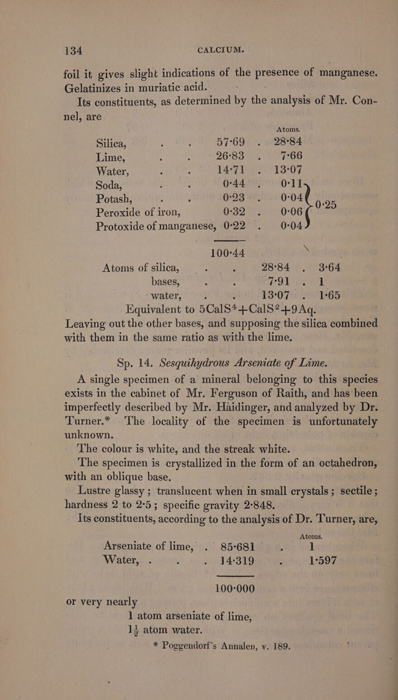 foil it gives slight indications of the presence of manganese. Gelatinizes in muriatic acid. Its constituents, as determined by the analysis of Mr. Con- nel, are Atoms. Silica, ; : 57°69 .. 28°84 . Lime, ; ‘ 26°83 . 7:66 Water, : Nt Aa OL 7 Soda, yl 044°. O11 Potash, ; : 0°23 He H0'04 0-95 Peroxide of iron, 0:32 . 0:06 Protoxide of manganese, 0°22 . 0:04 100-44. » Atoms of silica, ‘ ’ 28°84 . 3°64 bases, i A POD wa water, : : 13°07. . 1°65 Equivalent to 5CalS*+CalS?+-9 Aq. Leaving out the other bases, and supposing the silica combined with them in the same ratio as with the lime. Sp. 14. Sesquihydrous Arseniate of Lime. A single specimen of a mineral belonging to this species exists in the cabinet of Mr. Ferguson of Raith, and has been imperfectly described by Mr. Haidinger, and analyzed by Dr. Turner.* ‘The locality of the specimen is unfortunately unknown. The colour is white, and the mien white. The specimen is crystallized in the form of an octahedron, with an oblique base. Lustre glassy ; translucent when in small crystals; sectile ; hardness 2 to 2°5; specific gravity 2-848. Its constituents, according to the analysis of Dr. Turner, are, Atoms. Arseniate of lime, . 85°681 . 1 Water, . d . 14:319 P 1°597 100-000 or very nearly 1 atom arseniate of lime, 15 atom water.