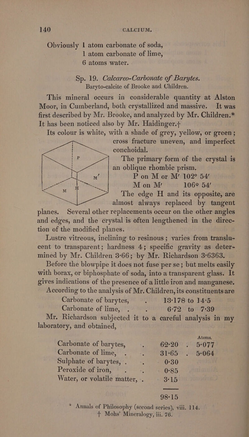 Obviously | atom carbonate of soda, 1 atom carbonate of lime, 6 atoms water. Sp. 19. Calcareo-Carbonate of Barytes. Baryto-calcite of Brooke and Children. This mineral occurs in considerable quantity at Alston Moor, in Cumberland, both crystallized and massive. It was first described by Mr. Brooke, and analyzed by Mr. Children.* It has been noticed also by Mr. Haidinger.+ Its colour is white, with a shade of grey, yellow, or green; cross fracture uneven, and imperfect conchoidal. The primary form of the crystal is an oblique rhombic prism. P on M or M’ 102° 54’ M on MW’ 106° 54’ The edge H and its opposite, are almost always replaced by tangent planes. Several other replacements occur on the other angles and edges, and the crystal is often lengthened in the direc- tion of the modified planes. Lustre vitreous, inclining to resinous; varies from translu- cent to transparent; hardness 4; specific gravity as deter~ mined by Mr. Children 3-66; by Mr. Richardson 3°6363. Before the blowpipe it does not fuse per se; but melts easily with borax, or biphosphate of soda, into a transparent glass. It gives indications of the presence of a little iron and manganese. According to the analysis of Mr. Children, its constituents are Carbonate of barytes, : 13°178 to 14:5 Carbonate of lime, . : 6:72 to 7:39 Mr. Richardson subjected it to a careful analysis in my laboratory, and obtained, Atoms. Carbonate of barytes, : 62:20 . 5:077 Carbonate of lime, . : 31:65 . 5:064 Sulphate of barytes, . 5 0°30 Peroxide of iron, , . 0°85 Water, or volatile matter, -. 3°15 98°15 * Annals of Philosophy (second series), vill. 114. + Mohs’ Mineralogy, iii. 76.