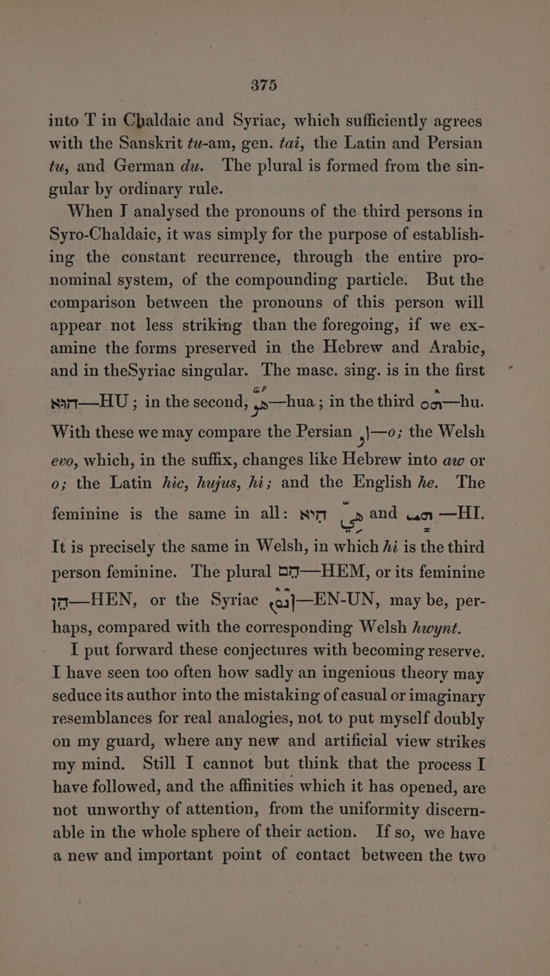 into T in Chaldaic and Syriac, which sufficiently agrees with the Sanskrit ¢w-am, gen. fai, the Latin and Persian tu, and German du. The plural is formed from the sin- gular by ordinary rule. When J analysed the pronouns of the third persons in Syro-Chaldaic, it was simply for the purpose of establish- ing the constant recurrence, through the entire pro- nominal system, of the compounding particle. But the comparison between the pronouns of this person will appear not less striking than the foregoing, if we ex- amine the forms preserved in the Hebrew and Arabic, and in theSyriac singular. The masc. sing. is in the first ae? EN sam—HU ; in the second, sp hua ; in the third o6q—hu. With these we may compare the Persian ekg the Welsh evo, which, in the suffix, changes like Hebrew into az or o; the Latin hic, hujus, hi; and the English he. The feminine is the same in all: sm 2 and ua —HI. “7 It is precisely the same in Welsh, in which hi is the third person feminine. The plural 57-——HEM, or its feminine wI—HEN, or the Syriac (03] -EN-UN , may be, per- haps, compared with the corresponding Welsh heynt. I put forward these conjectures with becoming reserve. I have seen too often how sadly an ingenious theory may seduce its author into the mistaking of casual or imaginary resemblances for real analogies, not to put myself doubly on my guard, where any new and artificial view strikes my mind, Still I cannot but think that the process I have followed, and the affinities which it has opened, are not unworthy of attention, from the uniformity discern- able in the whole sphere of their action. Ifso, we have a new and important point of contact between the two