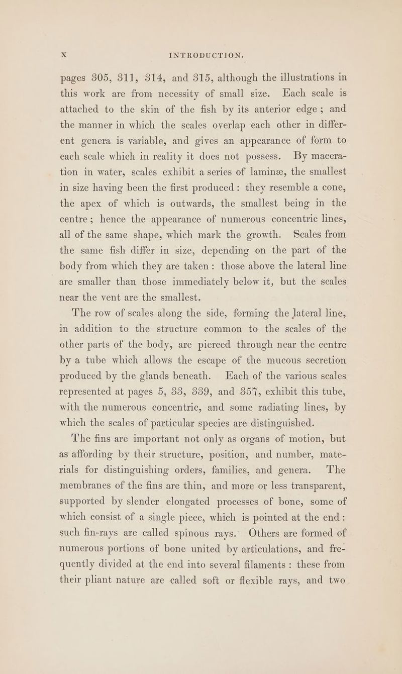 pages 305, 311, 314, and 315, although the illustrations in this work are from necessity of small size. Hach scale is attached to the skin of the fish by its anterior edge; and the manner in which the scales overlap each other in differ- ent genera is variable, and gives an appearance of form to each scale which in reality it does not possess. By macera- tion in water, scales exhibit a series of lamine, the smallest in size having been the first produced: they resemble a cone, the apex of which is outwards, the smallest being in the centre; hence the appearance of numerous concentric lines, all of the same shape, which mark the growth. Scales from the same fish differ in size, depending on the part of the body from which they are taken: those above the lateral line are smaller than those immediately below it, but the scales near the vent are the smallest. The row of scales along the side, forming the Jateral line, in addition to the structure common to the scales of the other parts of the body, are pierced through near the centre by a tube which allows the escape of the mucous secretion produced by the glands beneath. ach of the various scales represented at pages 5, 33, 339, and 357, exhibit this tube, with the numerous concentric, and some radiating lines, by which the scales of particular species are distinguished. The fins are important not only as organs of motion, but as affording by their structure, position, and number, mate- rials for distinguishing orders, families, and genera. The membranes of the fins are thin, and more or less transparent, supported by slender elongated processes of bone, some of which consist of a single piece, which is pointed at the end: such fin-rays are called spinous rays. Others are formed of numerous portions of bone united by articulations, and fre- quently divided at the end into several filaments : these from their phant nature are called soft or flexible rays, and two