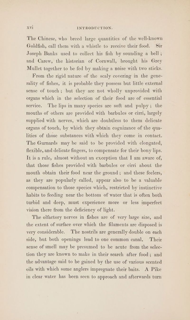 The Chinese, who breed large quantities of the well-known Goldfish, call them with a whistle to receive their food. Sir Joseph Banks used to collect his fish by sounding a bell ; and Carew, the historian of Cornwall, brought his Grey Mullet together to be fed by making a noise with two sticks. From the rigid nature of the scaly covering in the gene- rality of fishes, it is probable they possess but little external sense of touch; but they are not wholly unprovided with organs which in the selection of their food are of essential service. ‘I'he lips in many species are soft and pulpy; the mouths of others are provided with barbules or cirri, largely supplied with nerves, which are doubtless to them delicate organs of touch, by which they obtain cognizance of the qua- lities of those substances with which they come in contact. The Gurnards may be said to be provided with elongated, flexible, and delicate fingers, to compensate for their bony lips. It isa rule, almost without an exception that I am aware of, that those fishes provided with barbules or cirri about the mouth obtain their food near the ground; and these feelers, as they are popularly called, appear also to be a valuable compensation to those species which, restricted by instinctive habits to feeding near the bottom of water that is often both turbid and deep, must experience more or less imperfect vision there from the deficiency of light. The olfactory nerves in fishes are of very large size, and the extent of surface over which the filaments are disposed is very considerable. The nostrils are generally double on each side, but both openings lead to one common canal. Their sense of smell may be presumed to be acute from the selec- tion they are known to make in their search after food; and the advantage said to be gained by the use of various scented oils with which some anglers impregnate their baits. A Pike in clear water has been seen to approach and afterwards turn