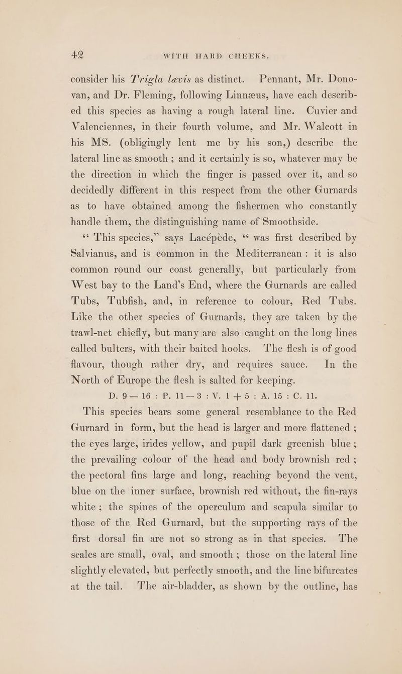 consider his T'rigla levis as distinct. Pennant, Mr. Dono- van, and Dr. Fleming, following Linnzeus, have each describ- ed this species as having a rough lateral line. Cuvier and Valenciennes, in their fourth volume, and Mr. Walcott in his MS. (obligingly lent me by his son,) describe the lateral line as smooth ; and it certainly is so, whatever may be the direction in which the finger is passed over it, and so decidedly different in this respect from the other Gurnards as to have obtained among the fishermen who constantly handle them, the distinguishing name of Smoothside. 5 “«¢ This species,” says Lacépéde, ‘* was first described by Salvianus, and is common in the Mediterranean: it is also common round our coast generally, but particularly from West bay to the Land’s End, where the Gurnards are called Tubs, Tubfish, and, in reference to colour, Red Tubs. Like the other species of Gurnards, they are taken by the trawl-net chiefly, but many are also caught on the long lines called bulters, with their baited hooks. ‘The flesh is of good flavour, though rather dry, and requires sauce. In the North of Europe the flesh is salted for keeping. D.9— 16: P. 11—3:V.1+5:A.15:C. 11. This species bears some general resemblance to the Red Gurnard in form, but the head is larger and more flattened ; the eyes large, irides yellow, and pupil dark greenish blue ; the prevailing colour of the head and body brownish red ; the pectoral fins large and long, reaching beyond the vent, blue on the inner surface, brownish red without, the fin-rays white ; the spines of the operculum and scapula similar to those of the Red Gurnard, but the supporting rays of the first dorsal fin are not so strong as in that species. The scales are small, oval, and smooth; those on the lateral line slightly elevated, but perfectly smooth, and the line bifurcates at the tail. The air-bladder, as shown by the outline, has