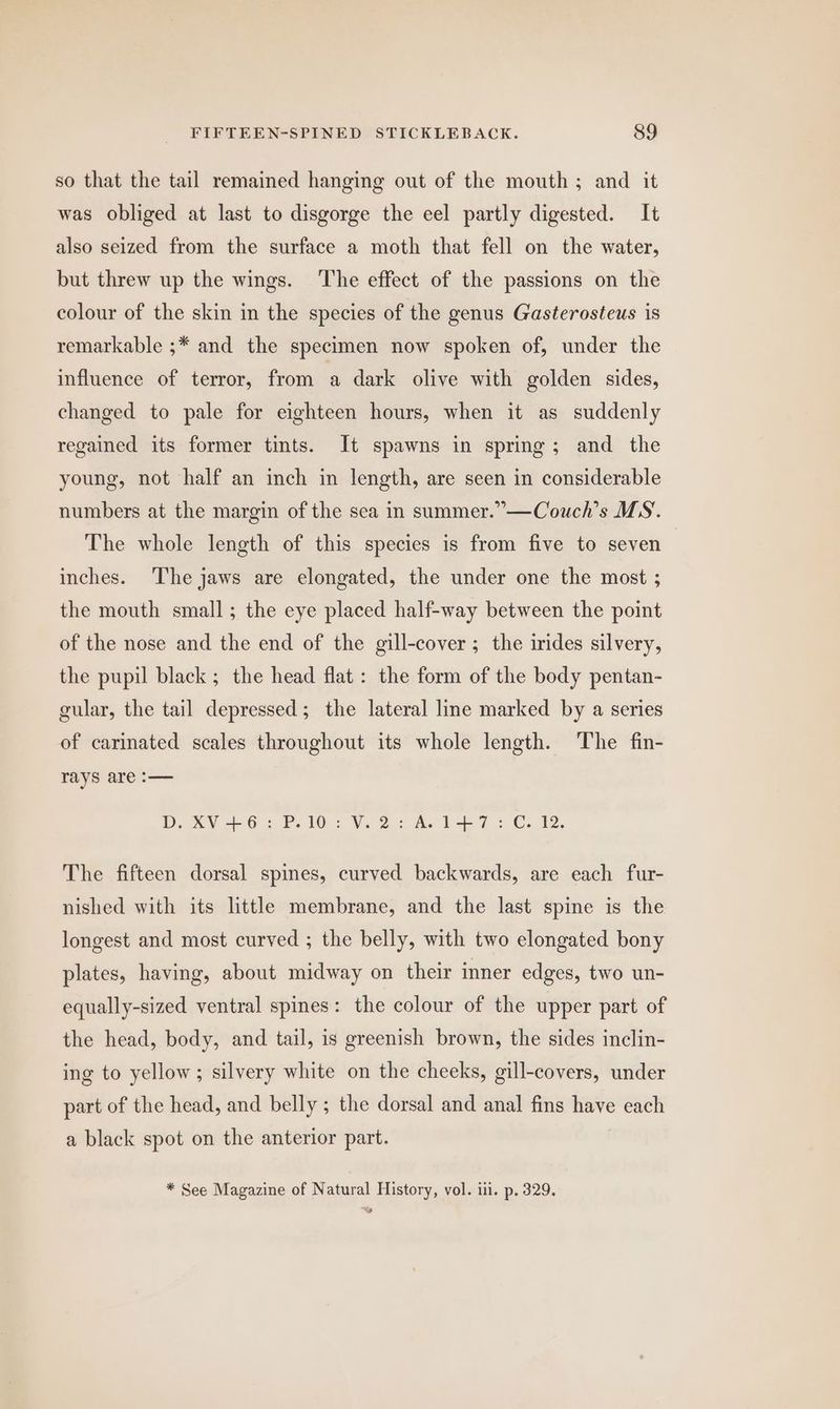 so that the tail remained hanging out of the mouth; and it was obliged at last to disgorge the eel partly digested. It also seized from the surface a moth that fell on the water, but threw up the wings. The effect of the passions on the colour of the skin in the species of the genus Gasterosteus is remarkable ;* and the specimen now spoken of, under the influence of terror, from a dark olive with golden sides, changed to pale for eighteen hours, when it as suddenly regained its former tints. It spawns in spring; and the young, not half an inch in length, are seen in considerable numbers at the margin of the sea in summer.”—Couch’s MS. The whole length of this species is from five to seven inches. The jaws are elongated, the under one the most ; the mouth small; the eye placed half-way between the point of the nose and the end of the gill-cover; the irides silvery, the pupil black; the head flat: the form of the body pentan- gular, the tail depressed; the lateral line marked by a series of carinated scales throughout its whole length. The fin- rays are :— DY 26 2 oP. 10s Ved, oh Le eo C19, The fifteen dorsal spines, curved backwards, are each fur- nished with its little membrane, and the last spine is the longest and most curved ; the belly, with two elongated bony plates, having, about midway on their inner edges, two un- equally-sized ventral spines: the colour of the upper part of the head, body, and tail, is greenish brown, the sides inclin- ing to yellow; silvery white on the cheeks, gill-covers, under part of the head, and belly ; the dorsal and anal fins have each a black spot on the anterior part. * See Magazine of Natural History, vol. iii. p. 329.