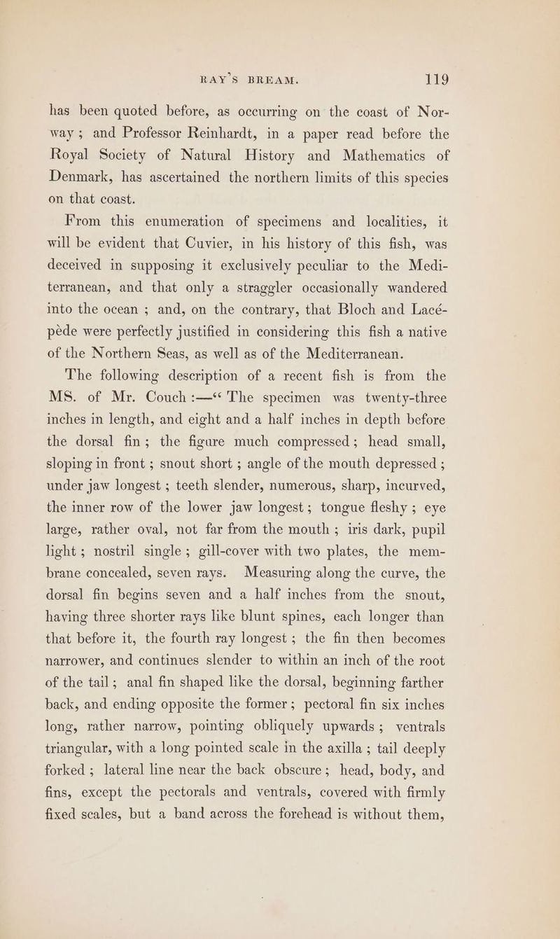 has been quoted before, as occurring on the coast of Nor- way ; and Professor Reinhardt, in a paper read before the Royal Society of Natural History and Mathematics of Denmark, has ascertained the northern limits of this species on that coast. From this enumeration of specimens and localities, it will be evident that Cuvier, in his history of this fish, was deceived in supposing it exclusively peculiar to the Medi- terranean, and that only a straggler occasionally wandered into the ocean ; and, on the contrary, that Bloch and Lacé- pede were perfectly justified in considering this fish a native of the Northern Seas, as well as of the Mediterranean. | The following description of a recent fish is from the MS. of Mr. Couch :—* The specimen was twenty-three inches in length, and eight and a half inches in depth before the dorsal fin; the figure much compressed; head small, sloping in front ; snout short ; angle of the mouth depressed ; under jaw longest ; teeth slender, numerous, sharp, incurved, the inner row of the lower jaw longest; tongue fleshy ; eye large, rather oval, not far from the mouth ; iris dark, pupil light ; nostril single ; gill-cover with two plates, the mem- brane concealed, seven rays. Measuring along the curve, the dorsal fin begins seven and a half inches from the snout, haying three shorter rays like blunt spines, each longer than that before it, the fourth ray longest ; the fin then becomes narrower, and continues slender to within an inch of the root of the tail; anal fin shaped like the dorsal, beginning farther back, and ending opposite the former; pectoral fin six inches long, rather narrow, pointing obliquely upwards; ventrals triangular, with a long pointed scale in the axilla ; tail deeply forked ; lateral line near the back obscure; head, body, and fins, except the pectorals and ventrals, covered with firmly fixed scales, but a band across the forehead is without them,