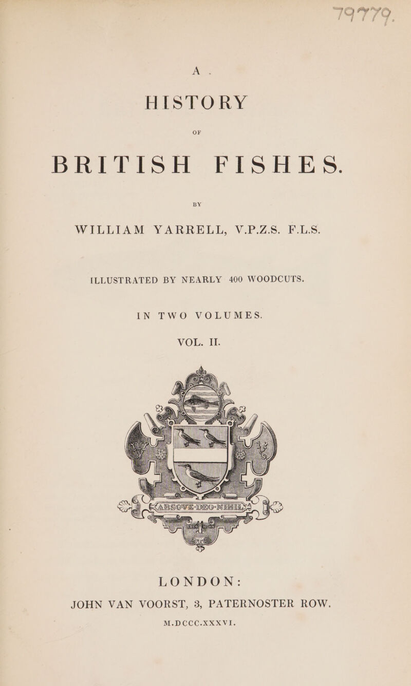 A. HISTORY OF Pet tish Fish ES. BY WILLIAM YARRELL, V.P.ZS. F.LS. ILLUSTRATED BY NEARLY 400 WOODCUTS. IN TWO VOLUMES. LONDON: JOHN VAN VOORST, 3, PATERNOSTER ROW. M.DCCC.XXXVI.