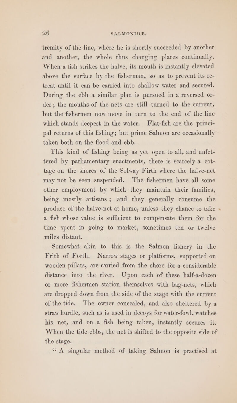 tremity of the line, where he is shortly succeeded by another and another, the whole thus changing places continually. When a fish strikes the halve, its mouth is instantly elevated above the surface by the fisherman, so as to prevent its re- treat until it can be carried into shallow water and secured. During the ebb a similar plan is pursued in a reversed or- der; the mouths of the nets are still turned to the current, but the fishermen now move in turn to the end of the line which stands deepest in the water. Flat-fish are the princi- pal returns of this fishing; but prime Salmon are occasionally taken both on the flood and ebb. This kind of fishing being as yet open to all, and unfet- tered by parliamentary enactments, there is scarcely a cot- tage on the shores of the Solway Firth where the halve-net may not be seen suspended. ‘The fishermen have all some other employment by which they maintain their families, being mostly artisans; and they generally consume the produce of the halve-net at home, unless they chance to take a fish whose value is sufficient to compensate them for the time spent in going to market, sometimes ten or twelve miles distant. Somewhat akin to this is the Salmon fishery in the Frith of Forth. Narrow stages or platforms, supported on wooden pillars, are carried from the shore for a considerable distance into the river. Upon each of these half-a-dozen or more fishermen station themselves with bag-nets, which are dropped down from the side of the stage with the current of the tide. ‘The owner concealed, and also sheltered by a straw hurdle, such as is used in decoys for water-fowl, watches his net, and on a fish being taken, instantly secures it. When the tide ebbs, the net is shifted to the opposite side of the stage. ‘* A singular method of taking Salmon is practised at wv