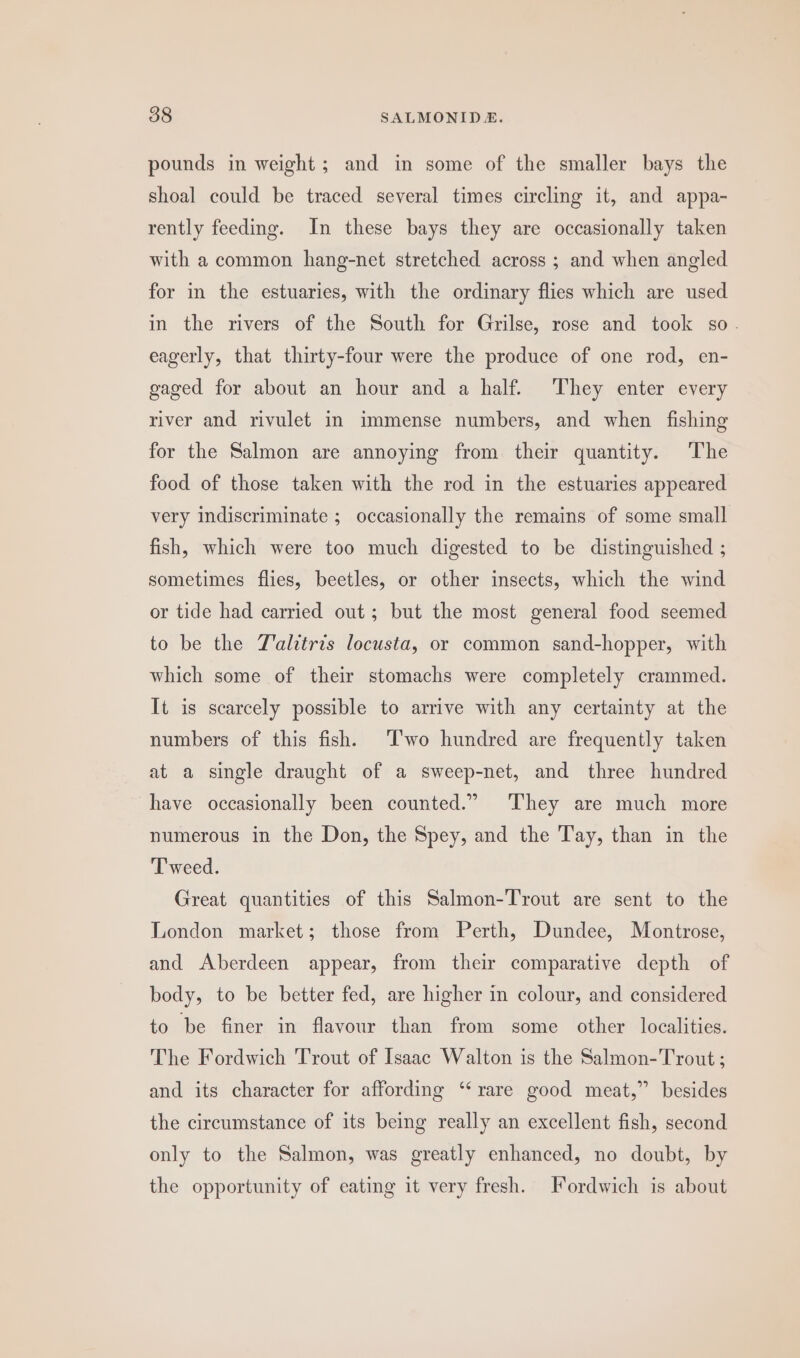 pounds in weight; and in some of the smaller bays the shoal could be traced several times circling it, and appa- rently feeding. In these bays they are occasionally taken with a common hang-net stretched across ; and when angled for in the estuaries, with the ordinary flies which are used in the rivers of the South for Grilse, rose and took so. eagerly, that thirty-four were the produce of one rod, en- gaged for about an hour and a half. They enter every river and rivulet in immense numbers, and when fishing for the Salmon are annoying from their quantity. The food of those taken with the rod in the estuaries appeared very indiscriminate ; occasionally the remains of some small fish, which were too much digested to be distinguished ; sometimes flies, beetles, or other insects, which the wind or tide had carried out ; but the most general food seemed to be the TZ'alitris locusta, or common sand-hopper, with which some of their stomachs were completely crammed. It is scarcely possible to arrive with any certainty at the numbers of this fish. ‘T'wo hundred are frequently taken at a single draught of a sweep-net, and three hundred have occasionally been counted.” ‘They are much more numerous in the Don, the Spey, and the Tay, than in the Tweed. Great quantities of this Salmon-Trout are sent to the London market; those from Perth, Dundee, Montrose, and Aberdeen appear, from their comparative depth of body, to be better fed, are higher in colour, and considered to be finer in flavour than from some other localities. The Fordwich Trout of Isaac Walton is the Salmon-Trout ; and its character for affording “rare good meat,” besides the circumstance of its being really an excellent fish, second only to the Salmon, was greatly enhanced, no doubt, by the opportunity of eating it very fresh. Fordwich is about