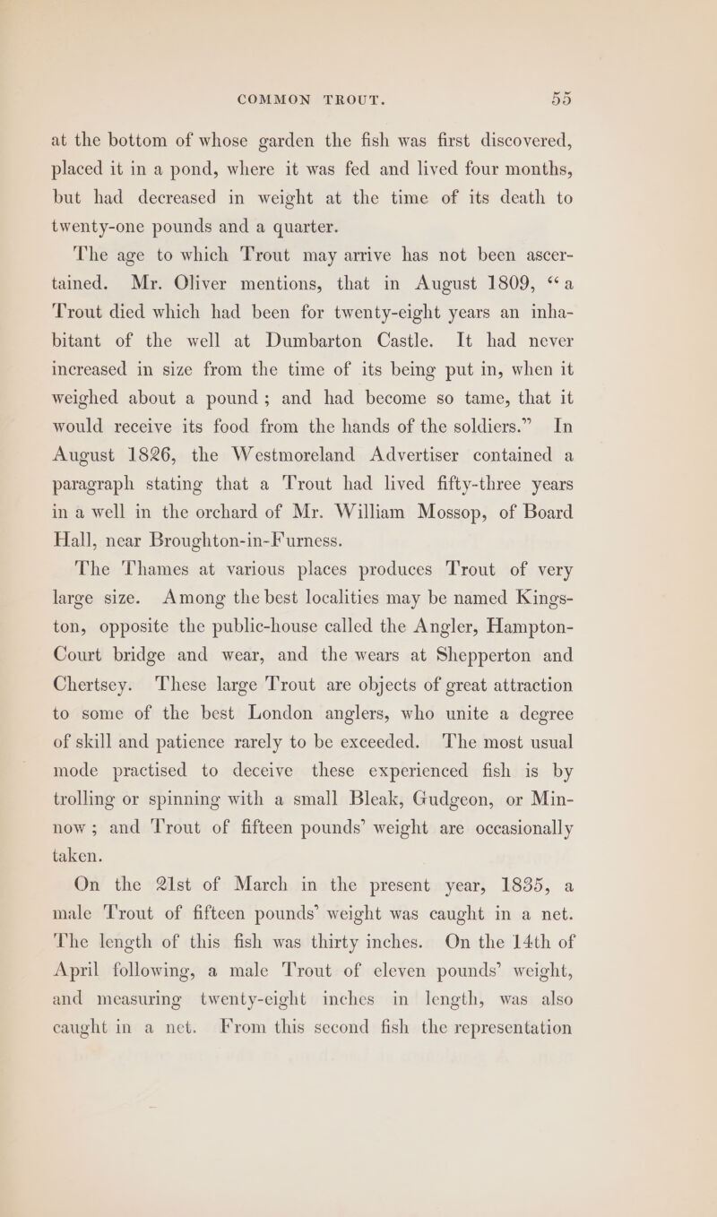at the bottom of whose garden the fish was first discovered, placed it in a pond, where it was fed and lived four months, but had decreased in weight at the time of its death to twenty-one pounds and a quarter. The age to which Trout may arrive has not been ascer- tamed. Mr. Oliver mentions, that in August 1809, “a ‘Trout died which had been for twenty-eight years an inha- bitant of the well at Dumbarton Castle. It had never increased in size from the time of its being put in, when it weighed about a pound; and had become so tame, that it would receive its food from the hands of the soldiers.” In August 1826, the Westmoreland Advertiser contained a paragraph stating that a Trout had lived fifty-three years in a well in the orchard of Mr. William Mossop, of Board Hall, near Broughton-in-Furness. The Thames at various places produces Trout of very large size. Among the best localities may be named Kings- ton, opposite the public-house called the Angler, Hampton- Court bridge and wear, and the wears at Shepperton and Chertsey. These large Trout are objects of great attraction to some of the best London anglers, who unite a degree of skill and patience rarely to be exceeded. ‘The most usual mode practised to deceive these experienced fish is by trolling or spinning with a small Bleak, Gudgeon, or Min- now; and Trout of fifteen pounds’ weight are occasionally taken. On the 21st of March in the present year, 1835, a male Trout of fifteen pounds’ weight was caught in a net. The length of this fish was thirty inches. On the 14th of April following, a male Trout of eleven pounds’ weight, and measuring twenty-eight inches in length, was also caught in a net. From this second fish the representation