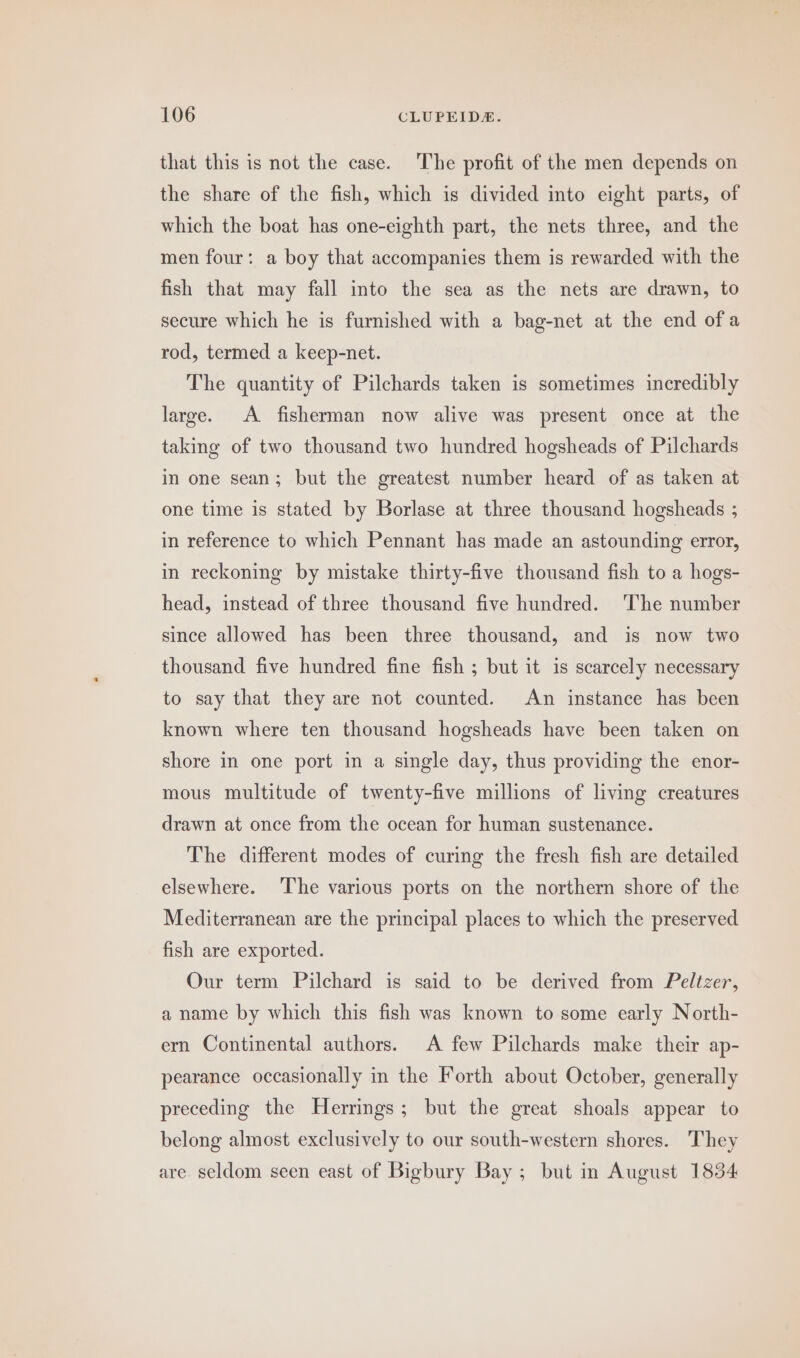 that this is not the case. The profit of the men depends on the share of the fish, which is divided into eight parts, of which the boat has one-eighth part, the nets three, and the men four: a boy that accompanies them is rewarded with the fish that may fall into the sea as the nets are drawn, to secure which he is furnished with a bag-net at the end of a rod, termed a keep-net. The quantity of Pilchards taken is sometimes incredibly large. A fisherman now alive was present once at the taking of two thousand two hundred hogsheads of Pilchards in one sean; but the greatest number heard of as taken at one time is stated by Borlase at three thousand hogsheads ; in reference to which Pennant has made an astounding error, in reckoning by mistake thirty-five thousand fish to a hogs- head, instead of three thousand five hundred. The number since allowed has been three thousand, and is now two thousand five hundred fine fish ; but it is scarcely necessary to say that they are not counted. An instance has been known where ten thousand hogsheads have been taken on shore in one port in a single day, thus providing the enor- mous multitude of twenty-five millions of living creatures drawn at once from the ocean for human sustenance. The different modes of curing the fresh fish are detailed elsewhere. The various ports on the northern shore of the Mediterranean are the principal places to which the preserved fish are exported. Our term Pilchard is said to be derived from Peltzer, a name by which this fish was known to some early North- ern Continental authors. A few Pilchards make their ap- pearance occasionally in the Forth about October, generally preceding the Herrings; but the great shoals appear to belong almost exclusively to our south-western shores. They are. seldom seen east of Bigbury Bay; but in August 1854