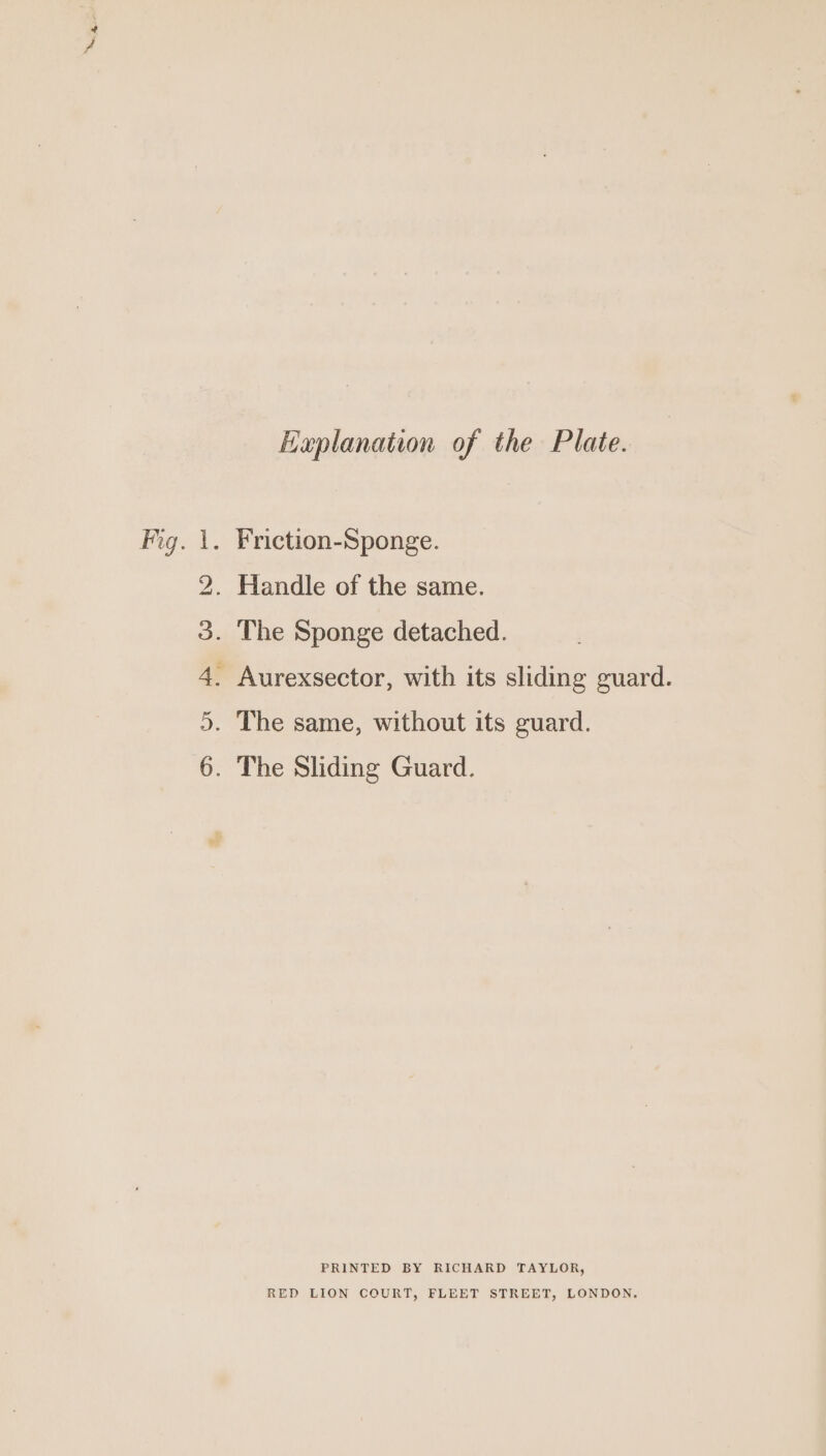 Explanation of the Plate. Fig. 1. Friction-Sponge. 2. Handle of the same. . The Sponge detached. . The same, without its guard. 3 4. Aurexsector, with its sliding guard. 5 6. The Sliding Guard. PRINTED BY RICHARD TAYLOR, RED LION COURT, FLEET STREET, LONDON.