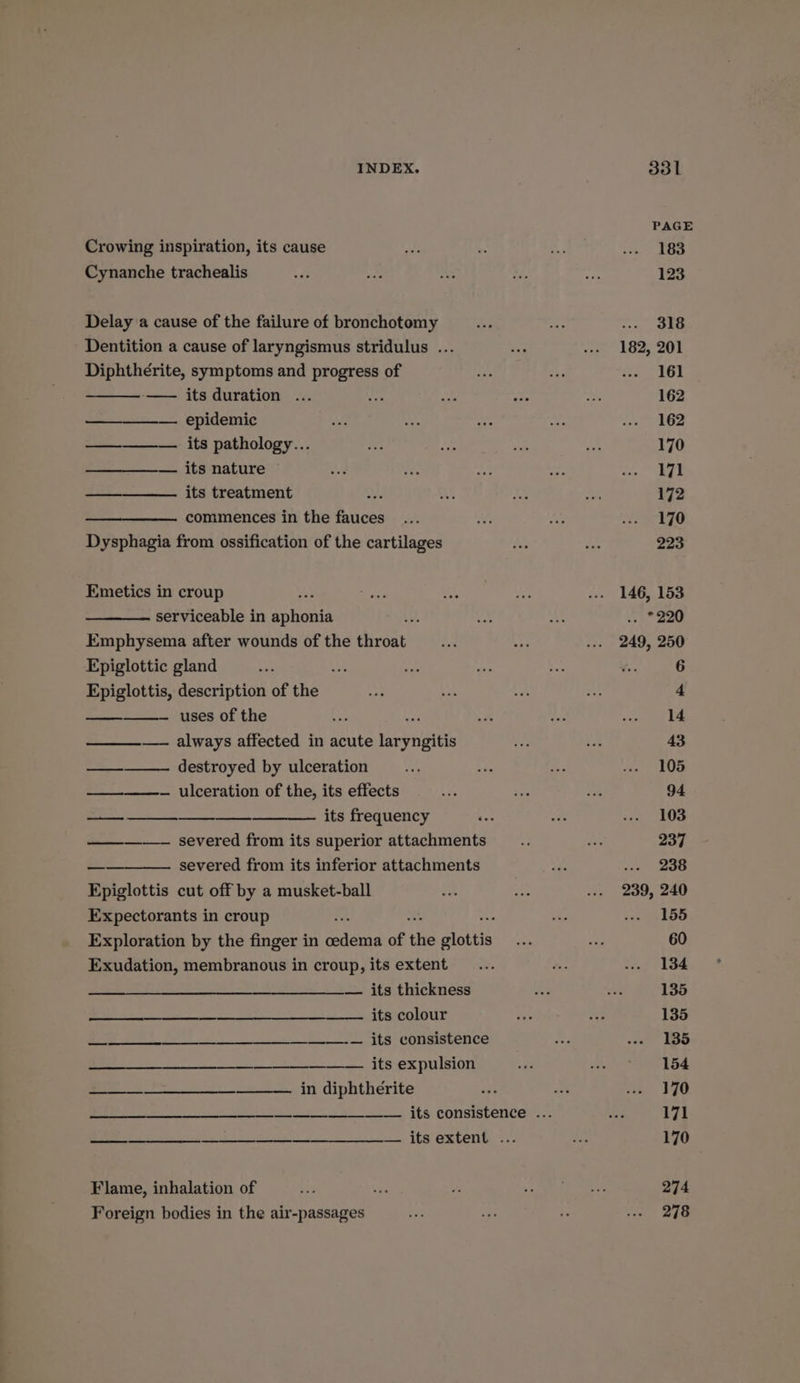 Crowing inspiration, its cause Cynanche trachealis Delay a cause of the failure of bronchotomy Dentition a cause of laryngismus stridulus ... Diphthérite, symptoms and progress of -—— its duration epidemic its pathology... — its nature its treatment commences in the fauces Dysphagia from ossification of the cartilages Emetics in croup 3 serviceable in aohonis ; Emphysema after wounds of the chica Epiglottic gland ay Epiglottis, description of the uses of the ae —__—_—- always affected in acute ans —___—_——. destroyed by ulceration —_—_———-_ ulceration of the, its effects ——_—-~—-~ severed from its superior attachments —_———— severed from its inferior attachments Epiglottis cut off by a musket-ball Expectorants in croup Exudation, membranous in croup, its extent — its thickness eee ew A COLOUT ee Its CON sue DCe ee ee IES EX PUISION in diphthérite Flame, inhalation of Foreign bodies in the air-passages PAGE 183 123 ioe 182, 201 161 162 162 170 171 172 170 223 146, 153 . *220 249, 250 ... 238 239, 240 155 60 134 135 135 135 154 170 171 170 274 278