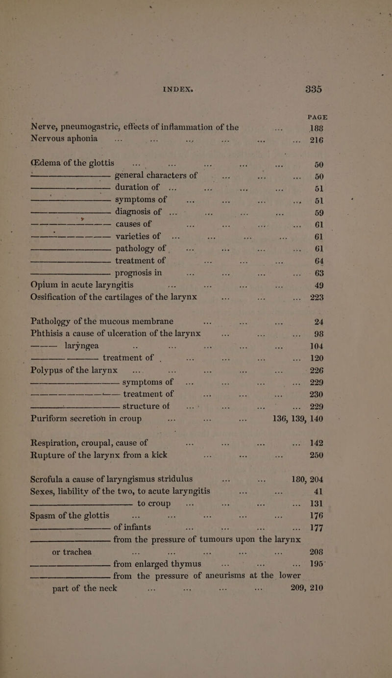 Nervous aphonia peg of the glottis ————— duration of Cale al Me symptoms of — Cing0sis of Sanna causes of Se varieties of pathology of . treatment of prognosis in Opium in acute laryngitis : Ossification of the cartilages of the larynx Pathology of the mucous membrane Phthisis a cause of ulceration of the larynx _——— laryngea : —— treatment of . Polypus of the larynx a SV MPLOMS of ——_——_—_————— treatment of ——_— structure of Puriform secretion in croup Respiration, croupal, cause of Rupture of the larynx from a kick Scrofula a cause of laryngismus stridulus to croup Spasm of the glottis — of infants or trachea part of the neck PAGE 188 216 50 50 51 dl 59 61 61 61 64 - 63 49 223 24 98 104 120 226 229 230 229 142 250 41 131 176 177 208 195°