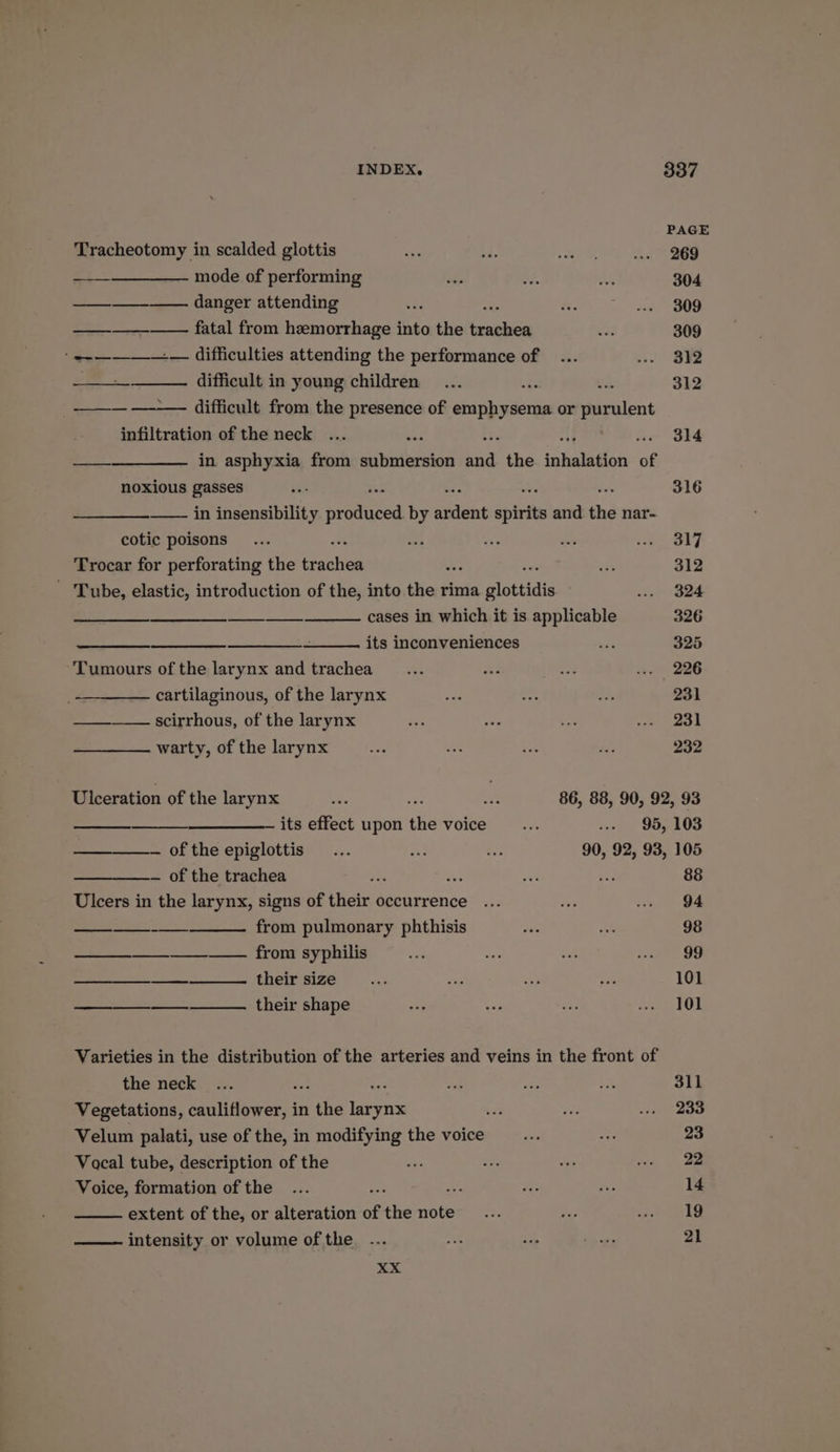 XX PAGE Tracheotomy in scalded glottis 269 —___—_—__—_—. mode of performing 304 —_———. danger attending 309 ——_—_—-—— fatal from hemorrhage into the aaa 309 ‘ -—_——_—-— difficulties attending the performance of 312 —___—_—_—. difficult in young children 1 312 —— difficult from the presence of singin or purulent infiltration of the neck . 314 —___—___——- in asphyxia from submersion baat the ‘sisted of noxious gasses 316 in insensibility Naa by antes spirits and the nar- cotic poisons 317 Trocar for perforating the tached 312 ' Tube, elastic, introduction of the, into the rima glottidis 324 ee cases in which it is applicable 326 ee its inconveniences 325 Tumours of the larynx and trachea — 226 cartilaginous, of the larynx 231 — scirrhous, of the larynx 231 warty, of the larynx 232 Ulceration of the larynx ee re sive 86, 88, 90, 92, 93 its effect upon the voice... .- 95,103 —_—. ofthe epiglottis ... at ae 90, 92, 93, 105 — of the trachea oe 88 Ulcers in the larynx, signs of bici occurrence 94 | on from pulmonary phthisis 98 ee SOL SY PRS 99 — their size 101 — their shape 101 Varieties in the distribution of the arteries and veins in the front of the neck 311 Vegetations, cauliflower, in the Paes 233 Velum palati, use of the, in modifying the voice 23 Vocal tube, description of the 22 Voice, formation of the nee 14 extent of the, or alteration of the note 19 intensity or volume of the 21