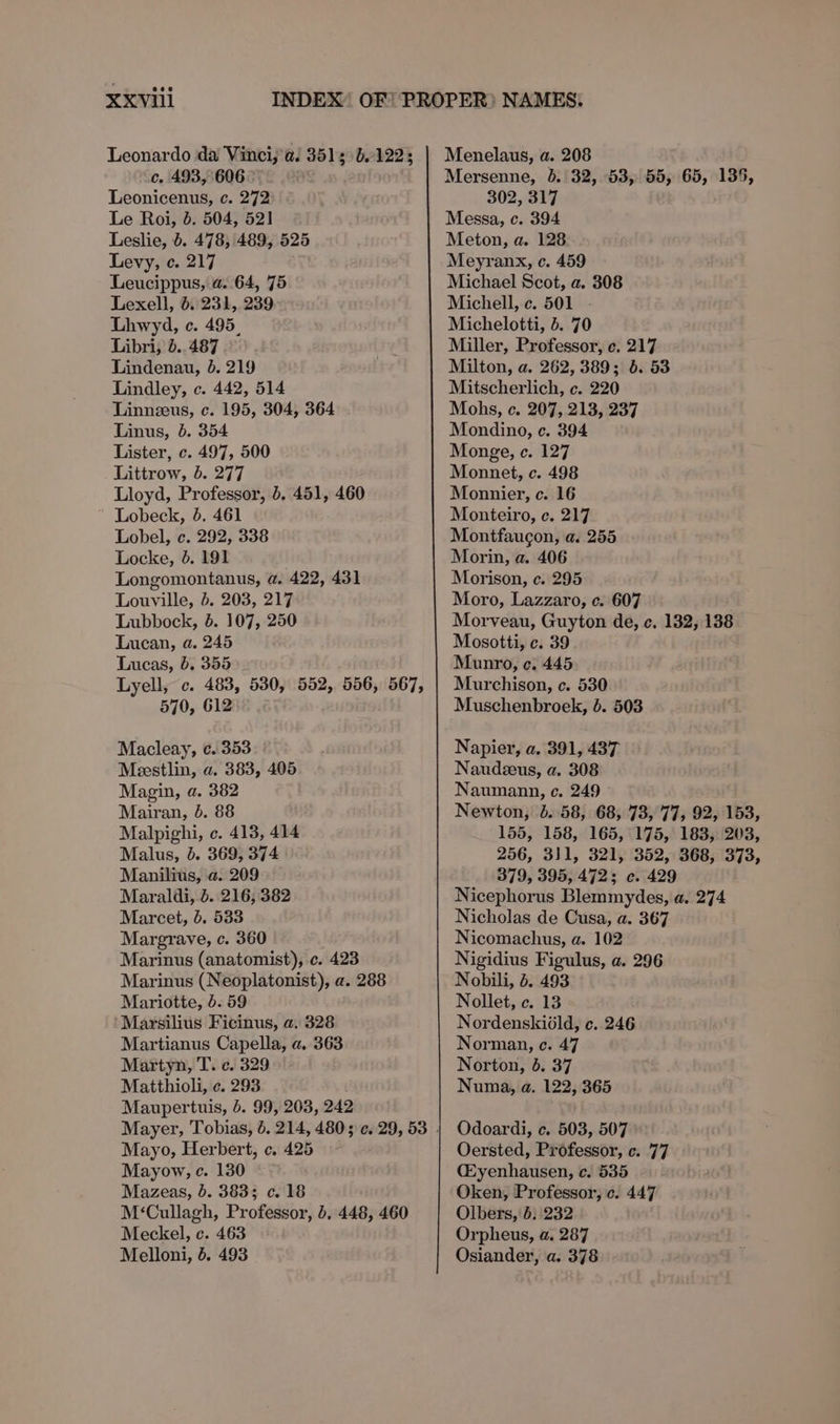 Leonardo da Vinci, a. 3513 6.122 c. 493,606 © Leonicenus, c. 272 Le Roi, b. 504, 521 Leslie, 6. 478, 489, 525 Levy, ¢. 217 Leucippus, a. 64, 75 Lexell, 6, 231, 239 Lhwyd, c. 495, Libri, 6.487 Lindenau, 8. 219 Lindley, c. 442, 514 Linnzeus, c. 195, 304, 364 Linus, 6. 354 Lister, c. 497, 500 Littrow, 5. 277 Lloyd, Professor, 4. 451, 460 ~ Lobeck, 5. 461 Lobel, c. 292, 338 Locke, 6. 191 Longomontanus, @. 422, 431 Louville, 5. 203, 217 Lubbock, 6. 107, 250 Lucan, a. 245 Lucas, 6. 355 Lyell, c. 483, 530, 552, 556, 567, 570, 612 Macleay, ¢. 353 Meestlin, a. 383, 405 Magin, a. 382 Mairan, 0. 88 Malpighi, c. 413, 414 Malus, b. 369, 374 Manilius, a. 209 Maraldi, d. 216; 382 Marcet, 0. 533 Margrave, c. 360 Marinus (anatomist), ¢. 423 Marinus (Neoplatonist), a. 288 Mariotte, 5. 59 Marsilius Ficinus, a. 328 Martianus Capella, a. 363 Martyn, T. c. 329 Matthioli, c. 293 Maupertuis, 5. 99, 203, 242 Mayo, Herbert, c. 425 Mayow, ec. 130 Mazeas, 5. 383; c. 18 M‘Cullagh, Professor, b. 448, 460 Meckel, c. 463 Melloni, 5. 493 Menelaus, a. 208 Mersenne, b. 32, 53, 55, 65, 135, 302, 317 Messa, c. 394 Meton, a. 128 Meyranx, c. 459 Michael Scot, a. 308 Michell, c. 501 - Michelotti, 4. 70 Miller, Professor, ¢. 217 Milton, a. 262, 389; 6. 53 Mitscherlich, c. 220 Mohs, c. 207, 213, 237 Mondino, ec. 394 Monge, c. 127 Monnet, c. 498 Monnier, c. 16 Monteiro, c. 217 Montfaucon, a. 255 Morin, a. 406 Morison, c. 295 Moro, Lazzaro, c. 607 Morveau, Guyton de, c, 132, 138 Mosotti, c. 39 Munro, c. 445 Murchison, c. 530 Muschenbroek, 6. 503 Napier, a. 391, 437 Naudzeus, a. 308 Naumann, c. 249 Newton, b..58, 68, 73, 77, 92, 153, 155, 158, 165, 175, 183, 203, 256, 311, 321, 352, 368, 373, 379, 395, 472; c. 429 Nicephorus Blemmydes, a. 274 Nicholas de Cusa, a. 367 Nicomachus, a. 102 Nigidius Figulus, a. 296 Nobili, 4. 493 Nollet, c. 13 Nordenskiéld, c. 246 Norman, c. 47 Norton, b. 37 Numa, a. 122, 365 Odoardi, c. 503, 507 Oersted, Professor, c. 77 (Eyenhausen, c. 535 Oken, Professor, c. 447 Olbers, 6: 232 Orpheus, a. 287 Osiander, a. 378