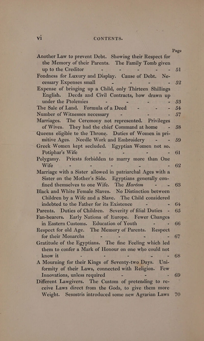Page Another Law to prevent Debt. Showing their Respect for the Memory of their Parents. The Family Tomb given up to the Creditor - - - - aes) | Fondness for Luxury and Display. Cause of Debt. Ne- cessary Expenses small = = «52 Expense of bringing up a Child, only Thirteen Shillings English. Deeds and Civil Contracts, how drawn up under the Ptolemies | - - . - 53 The Sale of Land. Formula of a Deed - - - 54 Number of Witnesses necessary - - - 57 Marriages. The Ceremony not represented. Privileges of Wives. They had the chief Command at home - 58 Queens eligible to the Throne. Duties of Women in pri- mitive Ages. Needle Work and Embroidery - “Eo Greek Women kept secluded. Egyptian Women not so. Potiphar’s Wife - - - - 61 Polygamy. Priests forbidden to marry more than One Wife - - - “ - 62 Marriage with a Sister allowed in patriarchal Ages with a Sister on the Mother's Side. Egyptians generally con- fined themselves to one Wife. The Haréem «pax 68 Black and White Female Slaves. No Distinction between ~ Children by a Wife and a Slave. The Child considered indebted to the Father for its Existence - -~ 64 Parents. Duties of Children. Severity of filial Duties - 65 Fan-bearers. Early Nations of Europe. Fewer Changes in Eastern Customs. Education of Youth - - 66 Respect for old Age. ‘The Memory of Parents. Respect for their Monarchs - - - - 67 Gratitude of the Egyptians. The fine Feeling which led them to confer a Mark of Honour on one who could not know it - - - - - 68 A Mourning for their Kings of Seventy-two Days. Uni- formity of their Laws, connected with Religion. Few Innovations, unless required - - - 69 Different Lawgivers. The Custom of pretending to re- — ceive Laws direct from the Gods, to give them more Weight. Sesostris introduced some new Agrarian Laws 70