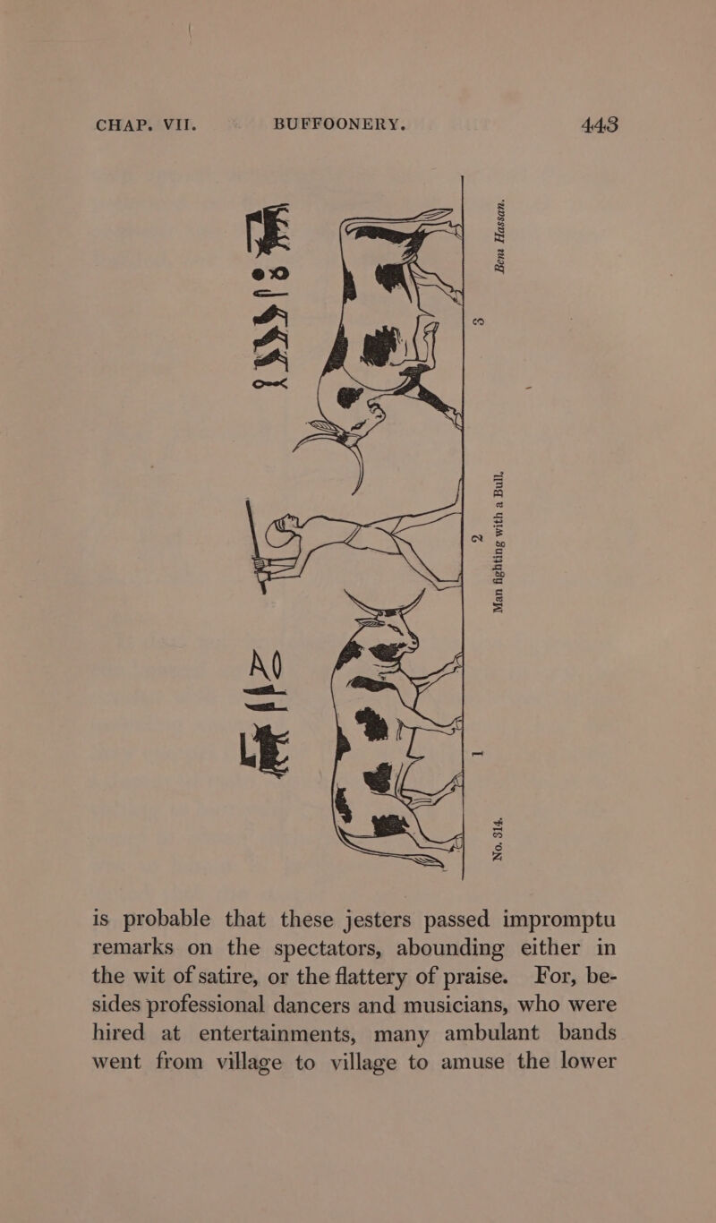 Bent Hassan. Man fighting with a Bull. No. 314. is probable that these jesters passed impromptu remarks on the spectators, abounding either in the wit of satire, or the flattery of praise. For, be- sides professional dancers and musicians, who were hired at entertainments, many ambulant bands went from village to village to amuse the lower